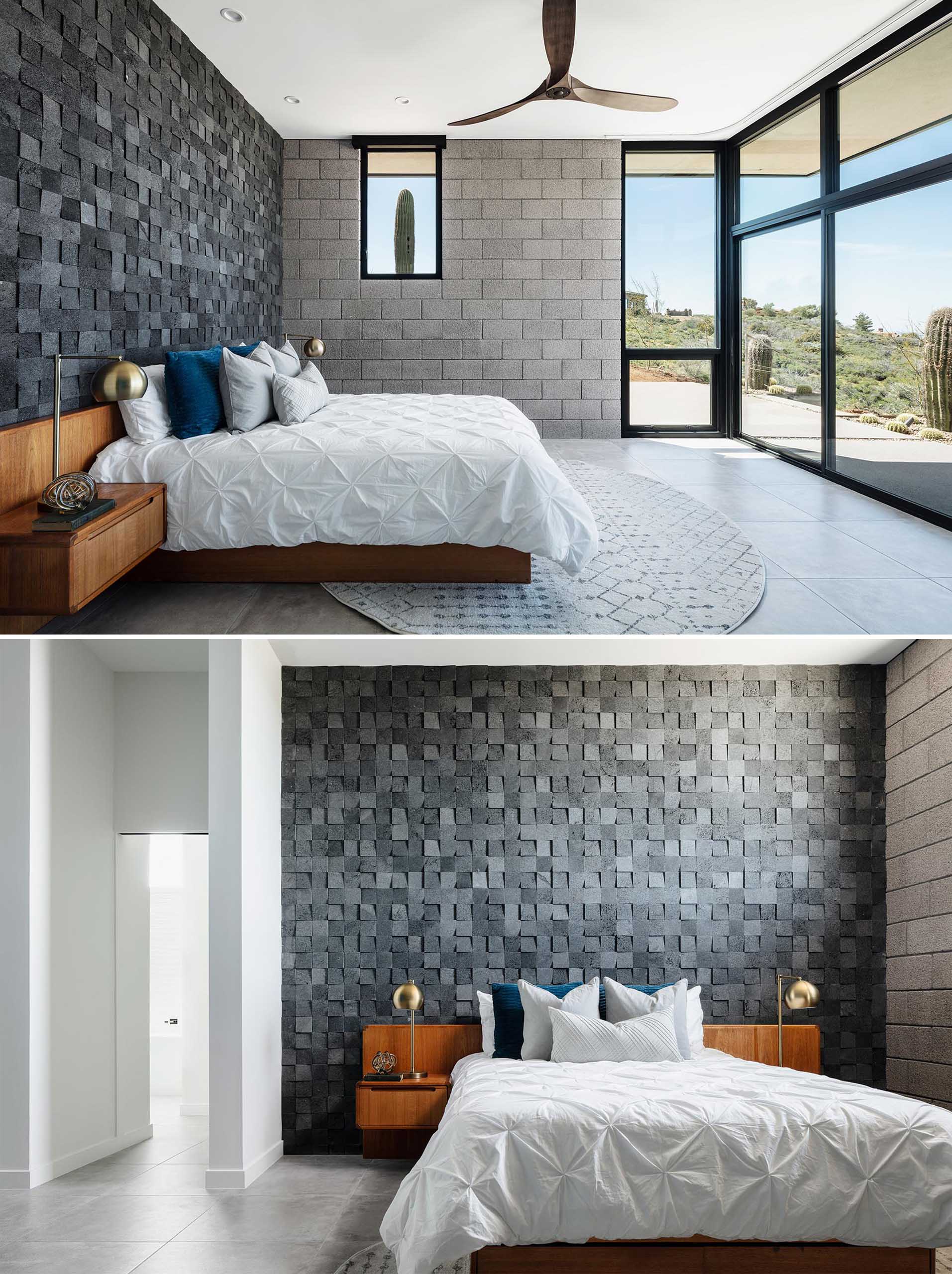 This modern master bedroom suite has views to the desert beyond through the large windows, while the accent wall is made from 3d lava rock tile.