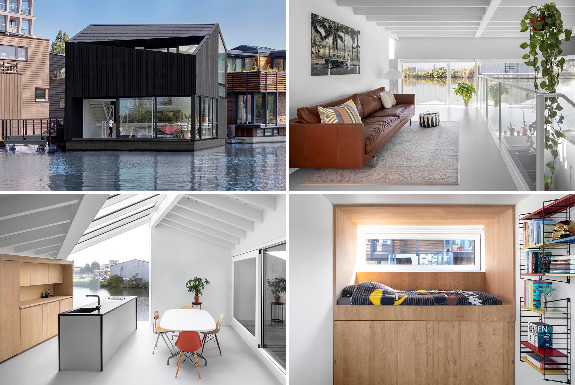 A modern floating home in the Netherlands, has a black wood exterior, a bright white interior, plenty of windows, and a rooftop deck.