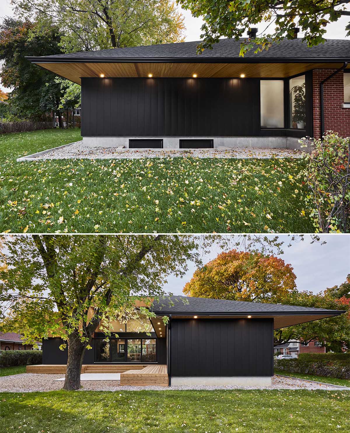 This remodeled bungalow, located on a corner lot and surrounded by mature trees, has a brick and stone facade with black accents.