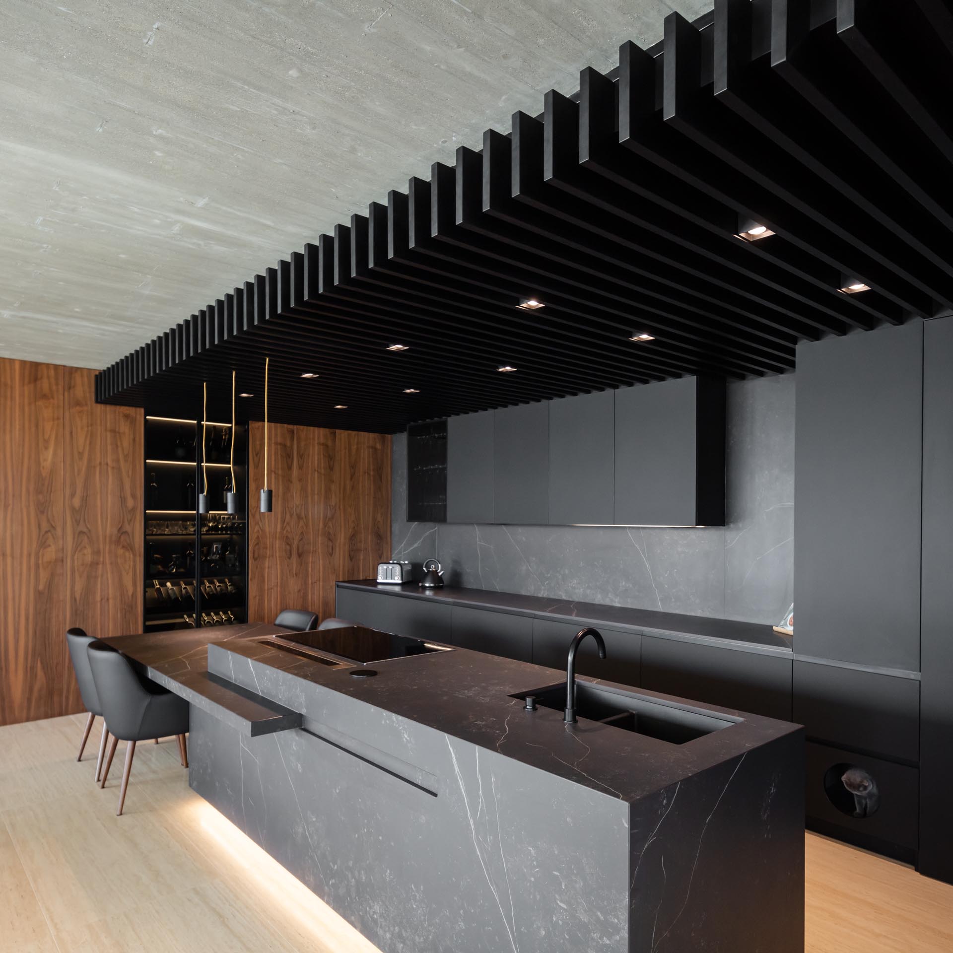 A modern kitchen with a wall of matte black minimalist cabinets (which also include a little door for access to a cat litter box), as well as a black wood ceiling with lighting positioned evenly between the slats.