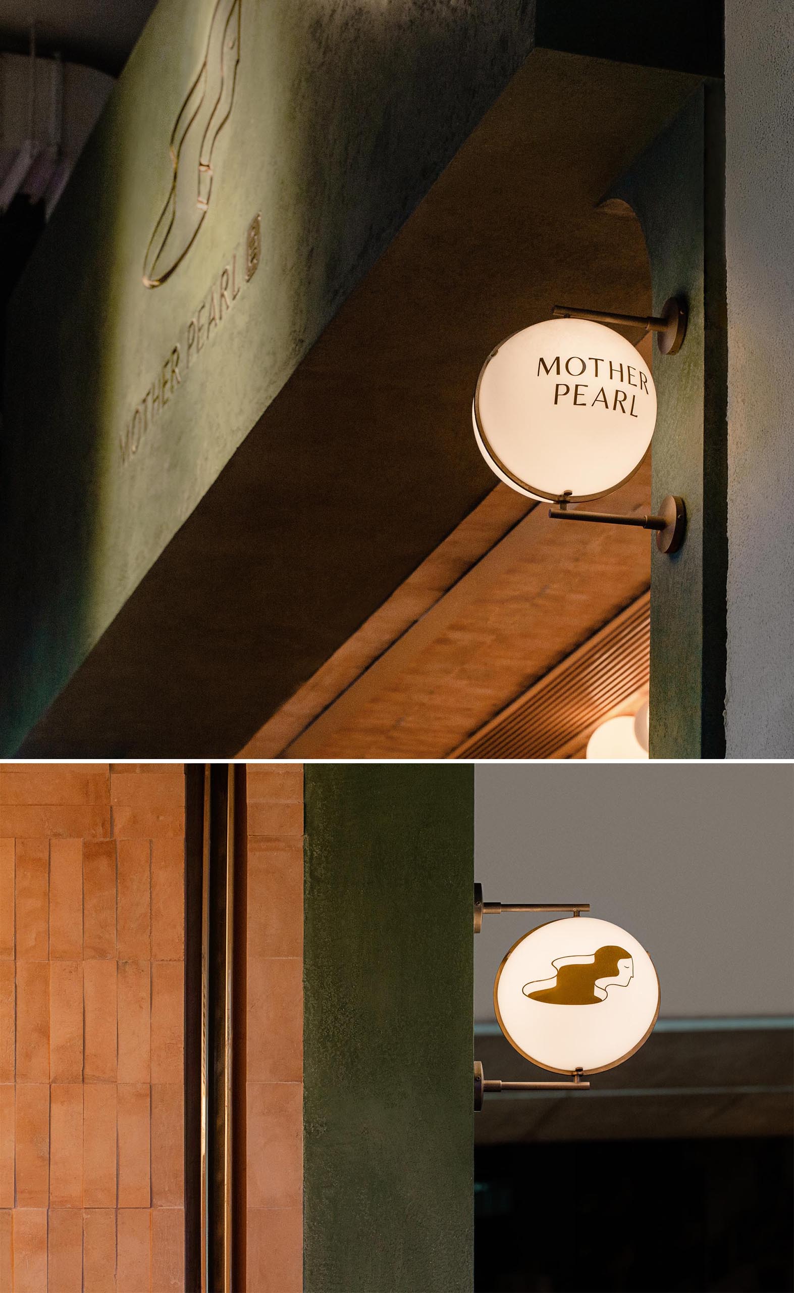 Globe lights attached to the facade with metal fixtures, show people passing by the name of the tea house and it's logo.