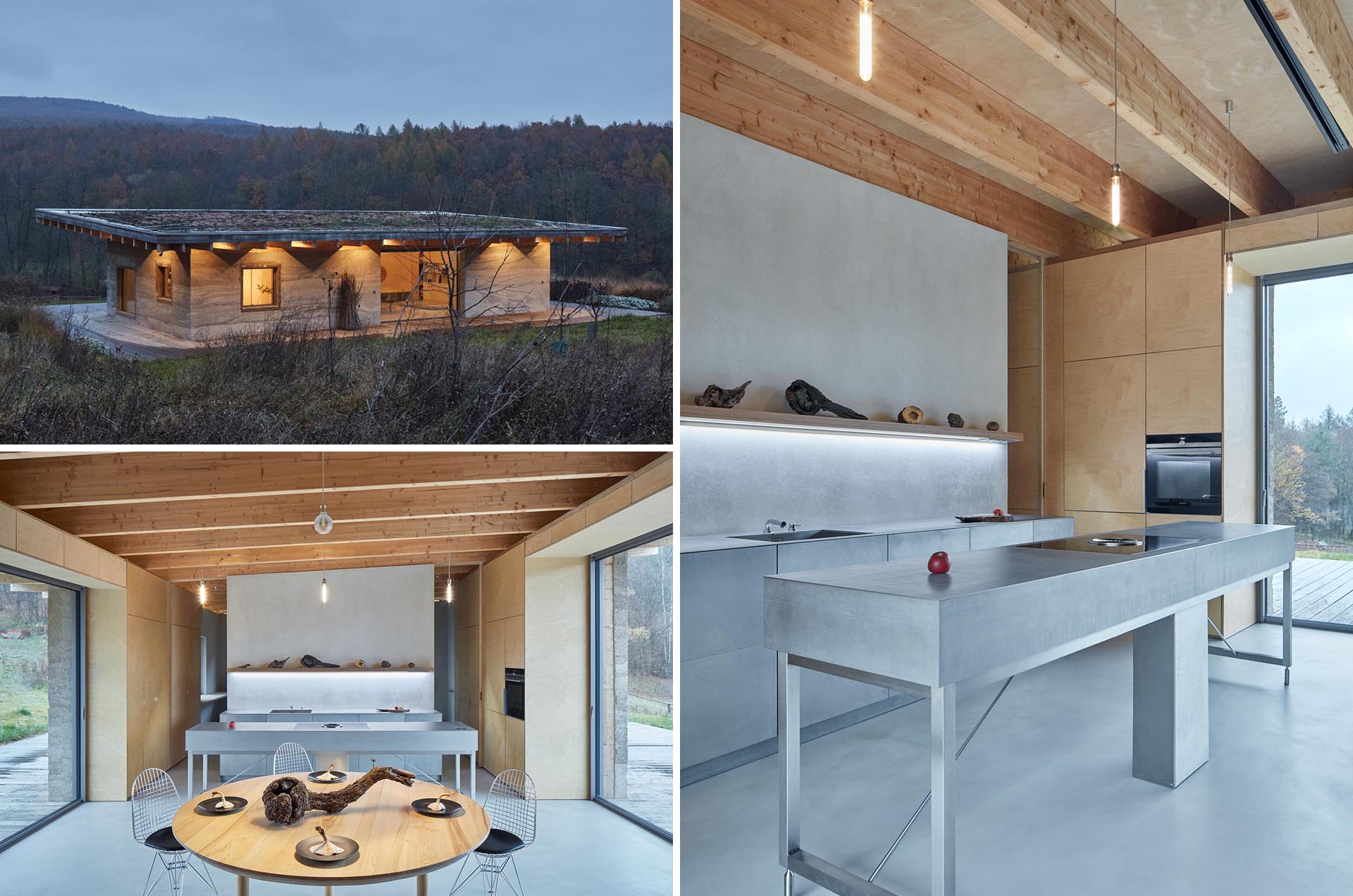 A modern cabin has been designed with hempcrete walls and a green roof.