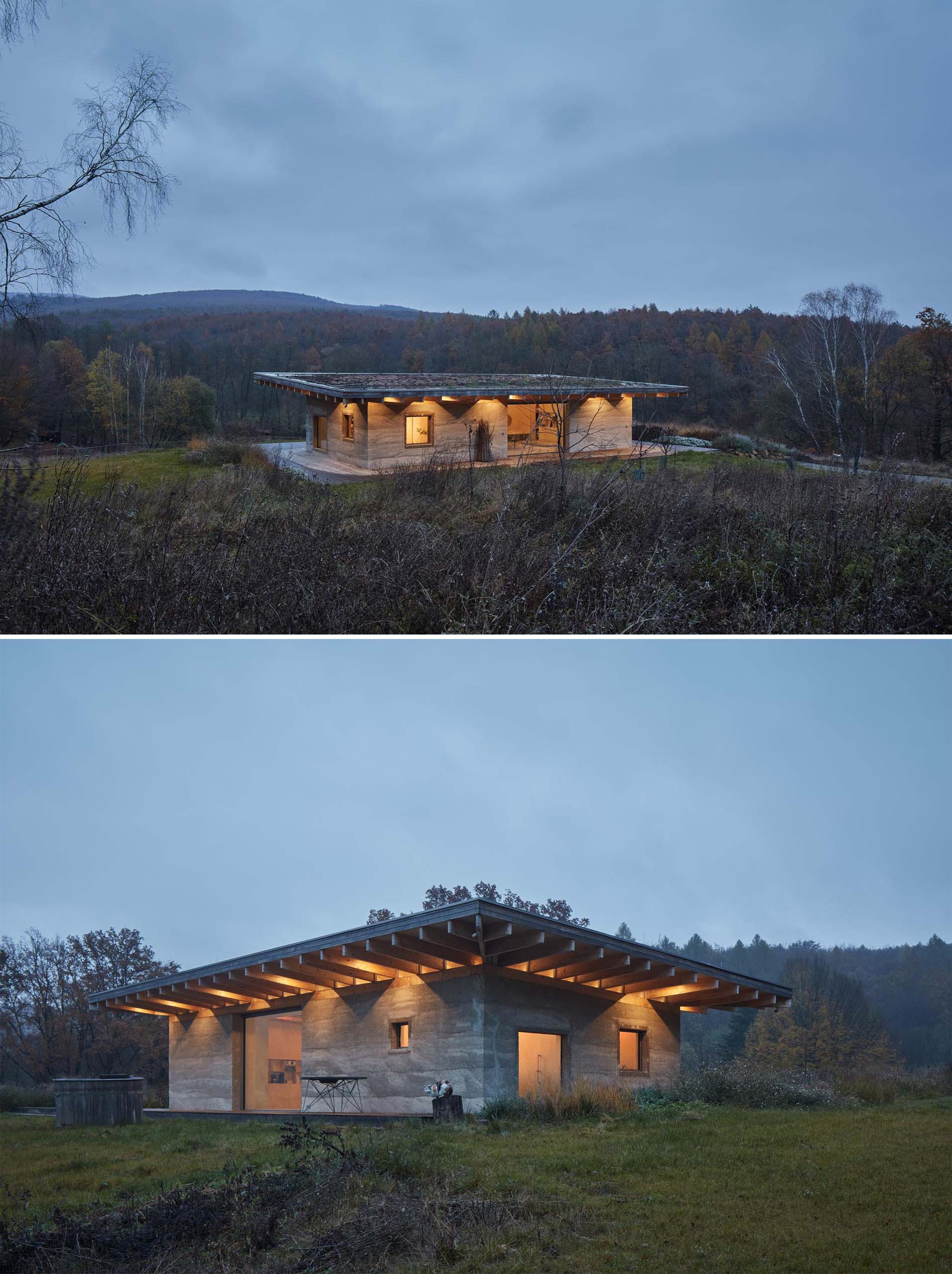 A modern cabin with hempcrete walls and a greenroof.