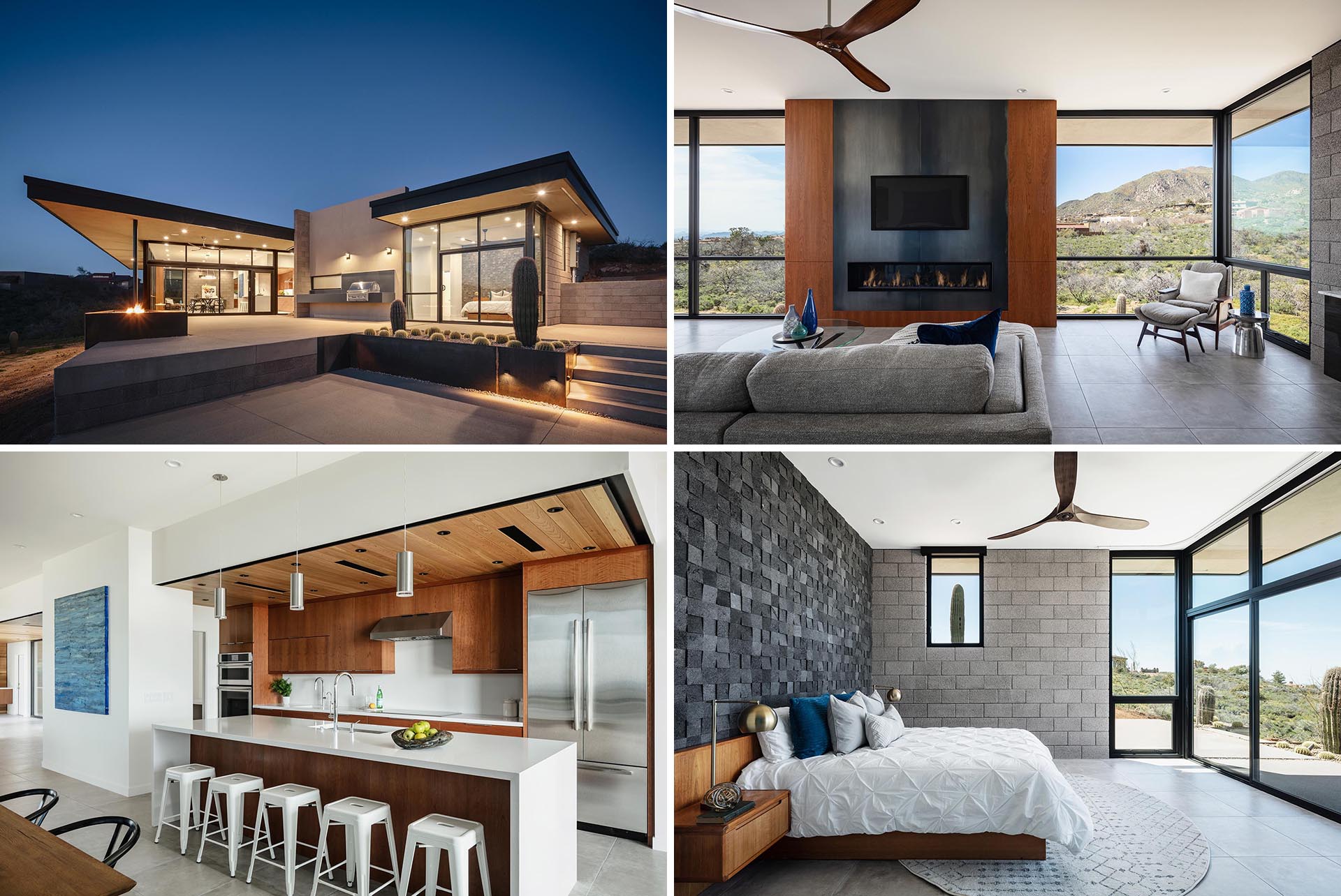 A modern desert home with an open plan interior and large windows with views of the surrounding area.