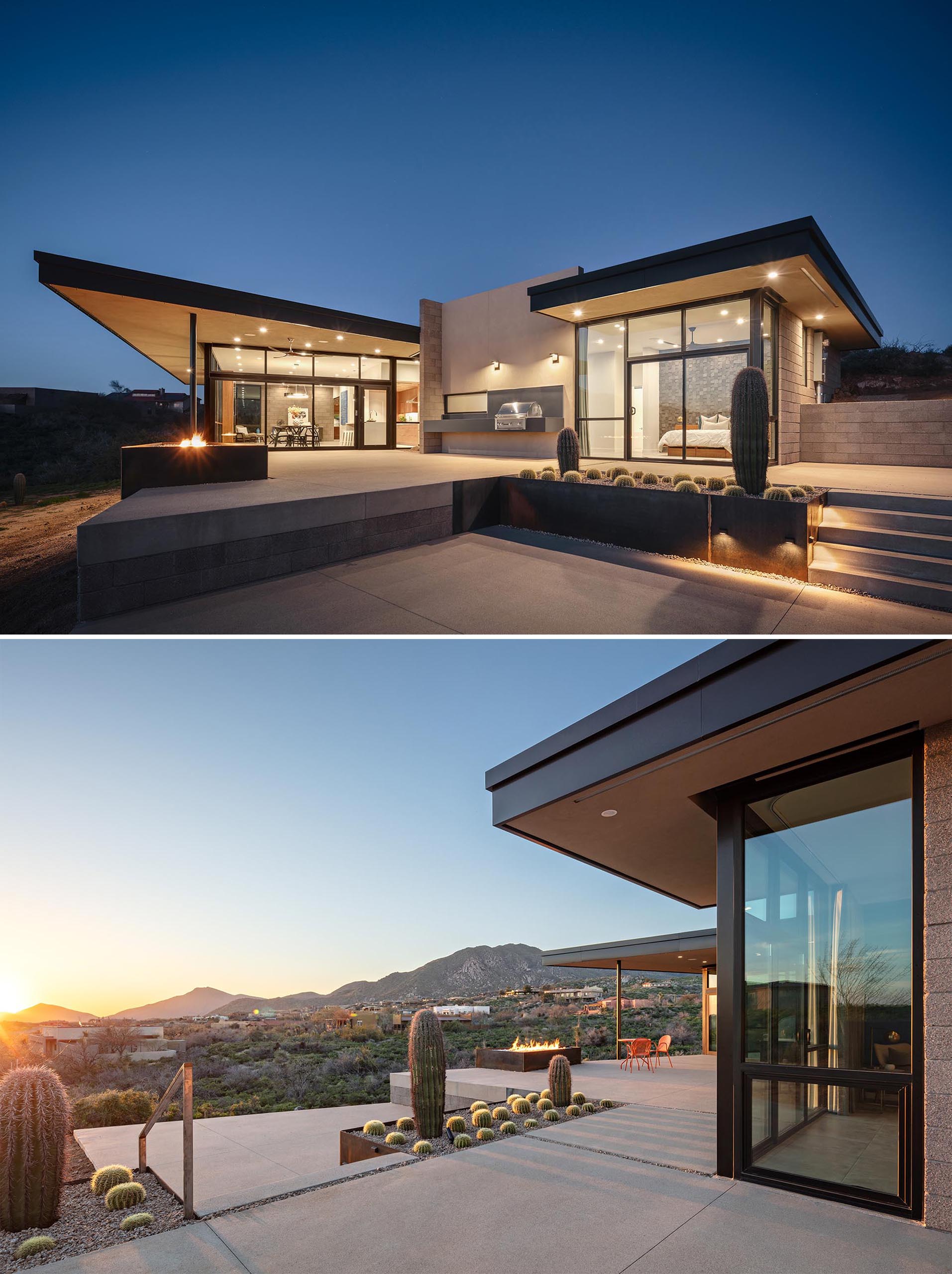 The exterior of this desert home includes a raw steel fire feature, an outdoor floating BBQ, raw steel planters, and a spacious patio. An angled roof facia helps frame the view of the mountain beyond mountains beyond.