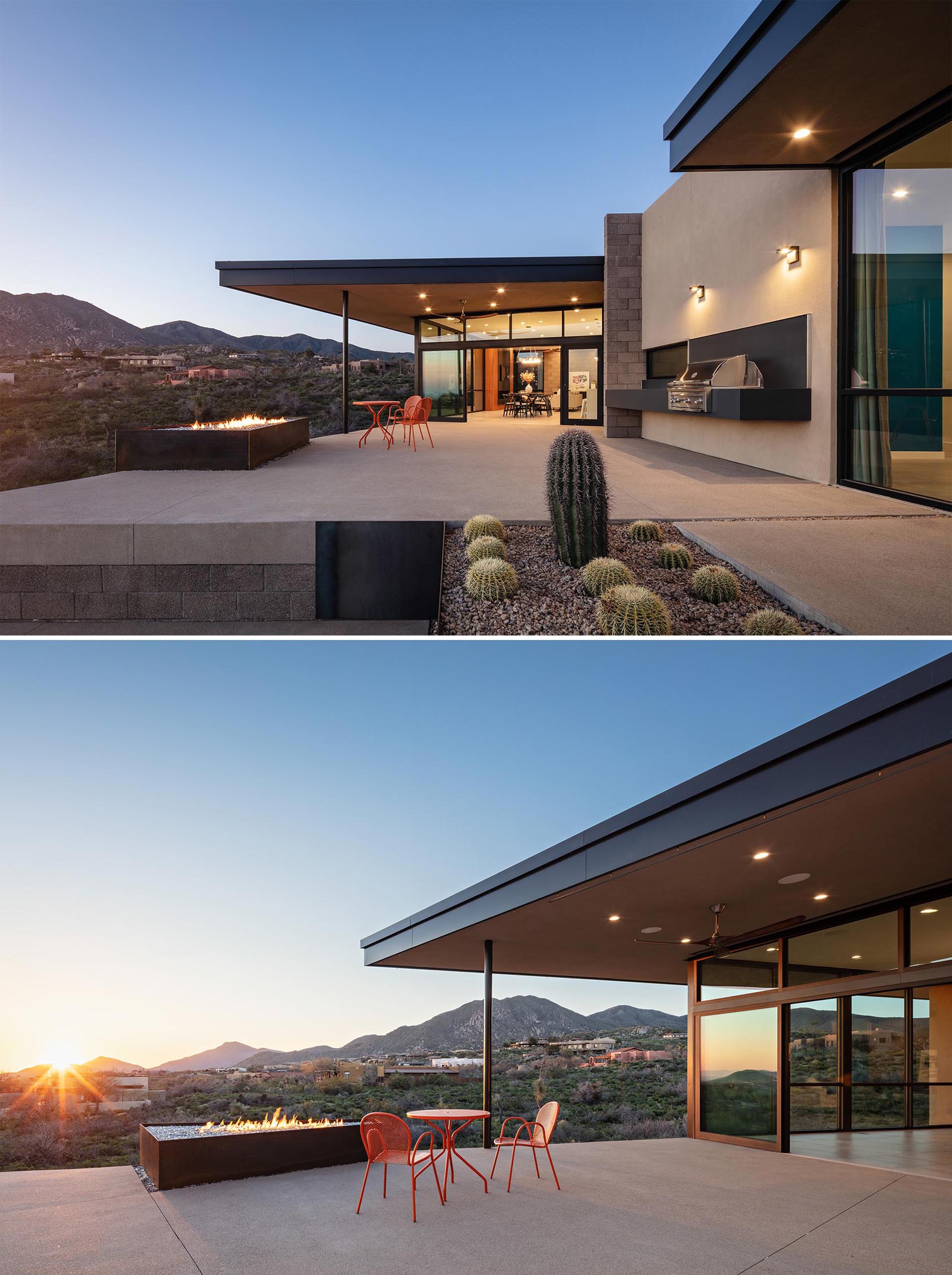 A modern desert home with a terraced patio has a sand finish concrete patio, while the raw steel planters are filled with a variety of cacti.