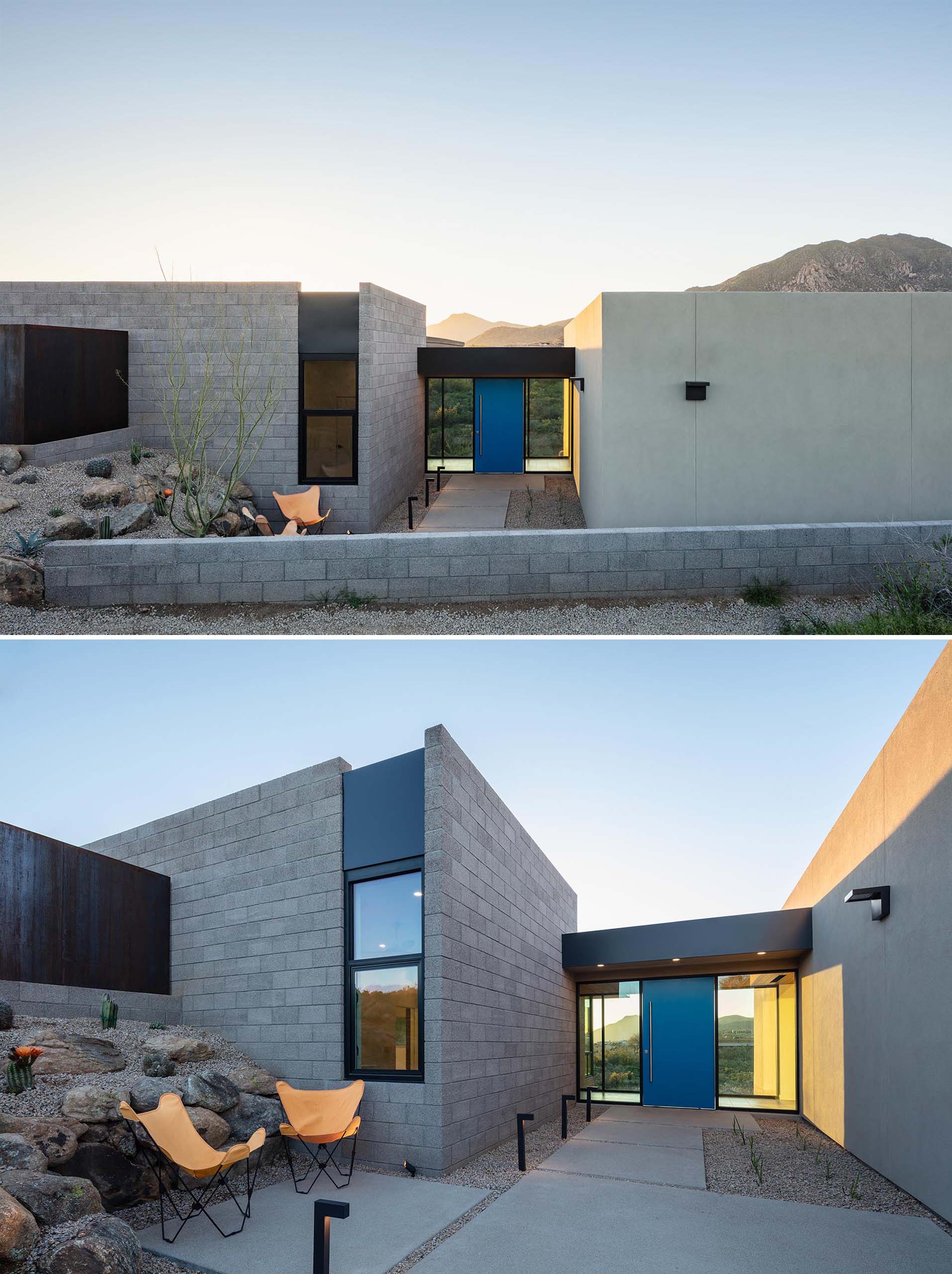 The entry of this modern desert home, which is highlighted by a bright blue pivoting front door, connects the foyer, garage entry and access to the guest area all through the glass ‘bridge’ element.