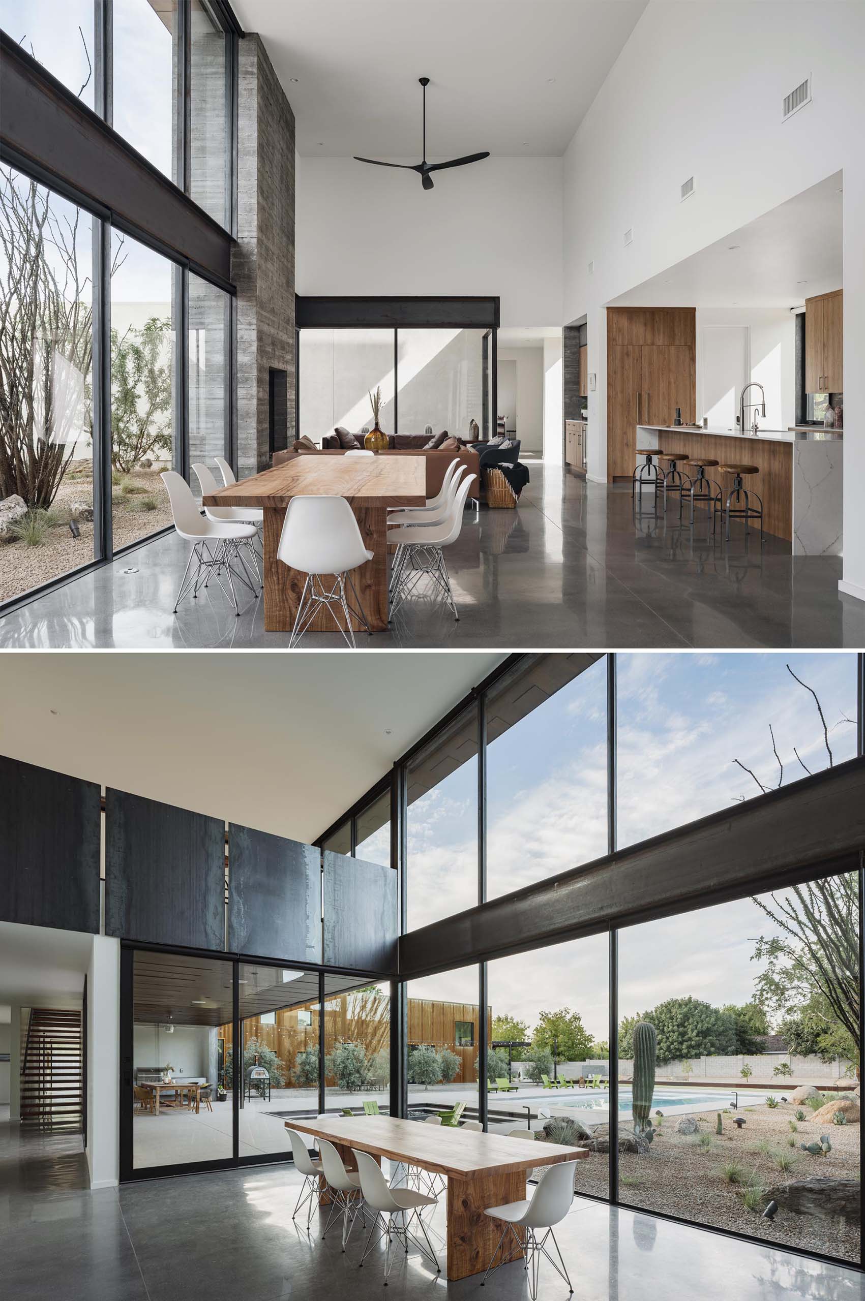 A modern open plan dining room with high ceilings and an abundance of natural light.