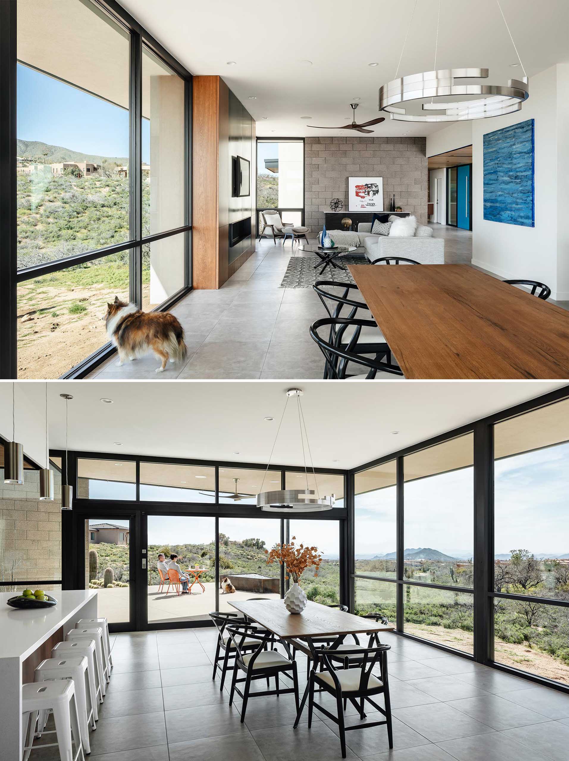 This modern dining area is surrounded by floor to ceiling glass, while a 3 panel sliding door systems opens to the outdoor patio beyond.