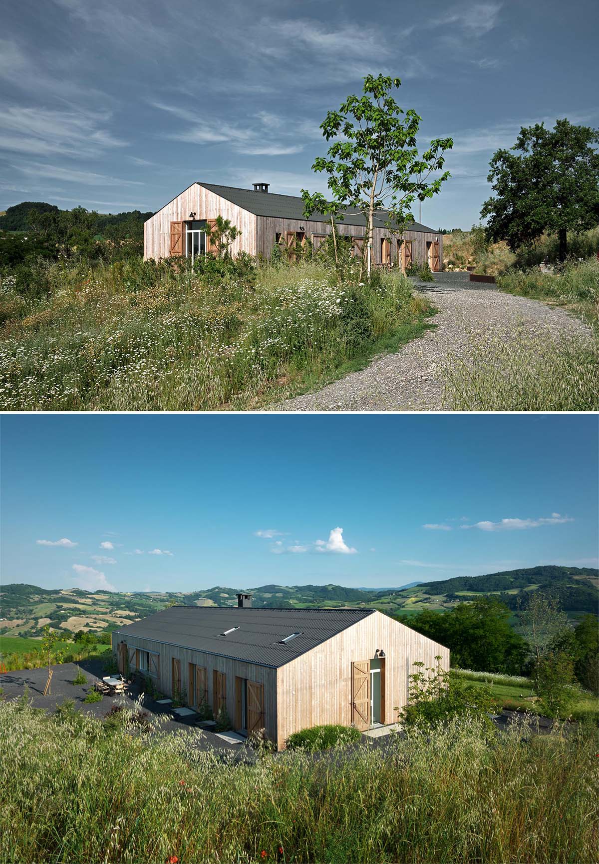 The exterior of this single-level modern farmhouse is clad with natural larch wood and shutters.