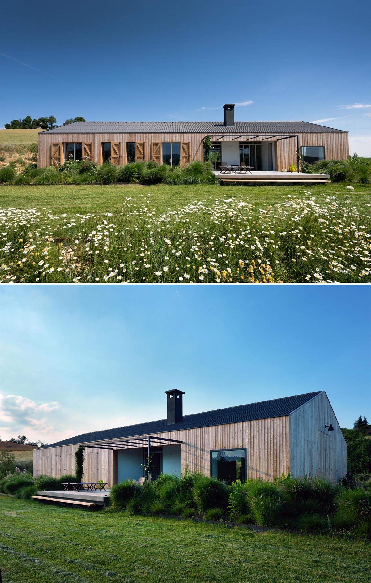 The exterior of this modern farmhouse is clad with natural larch wood and shutters.