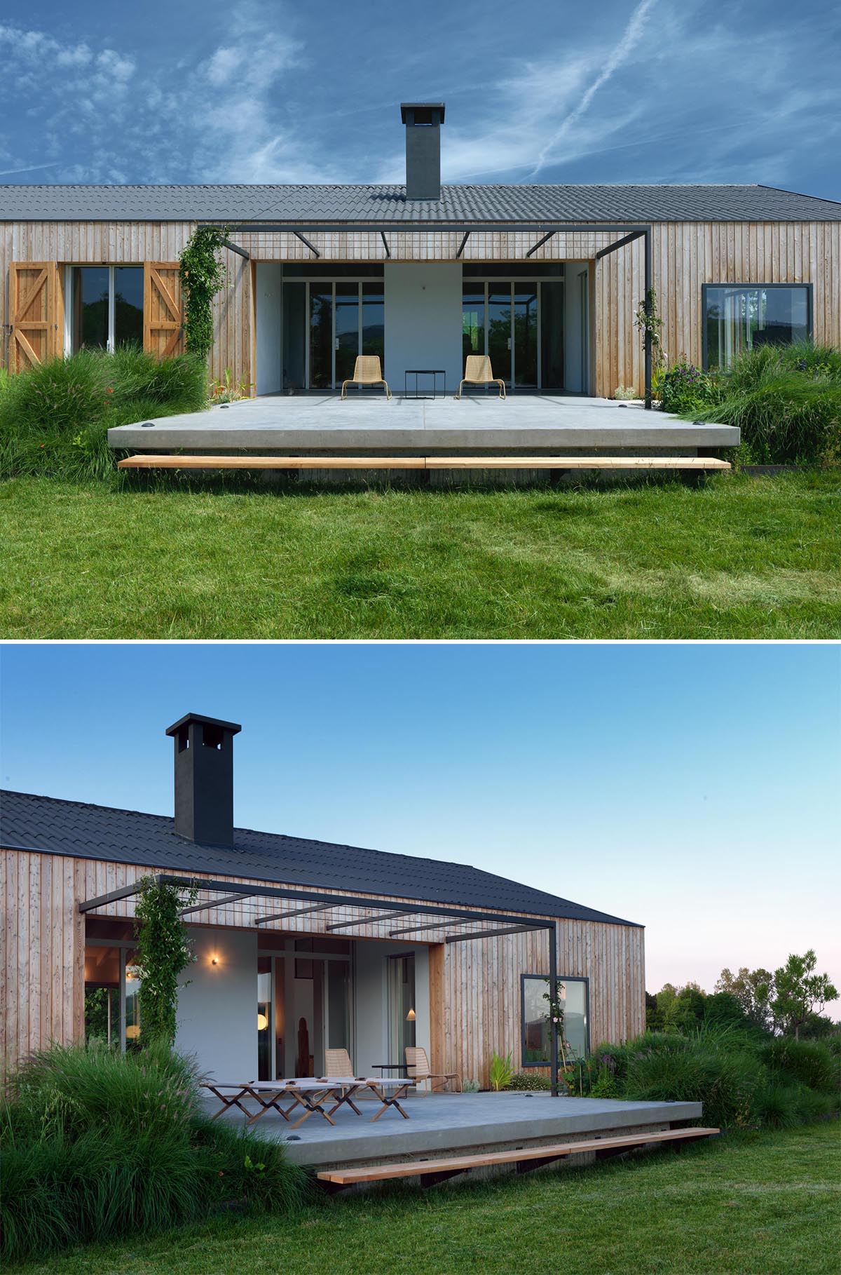 A modern farmhouse with an outdoor patio that has a pergola for the vines to grow over.