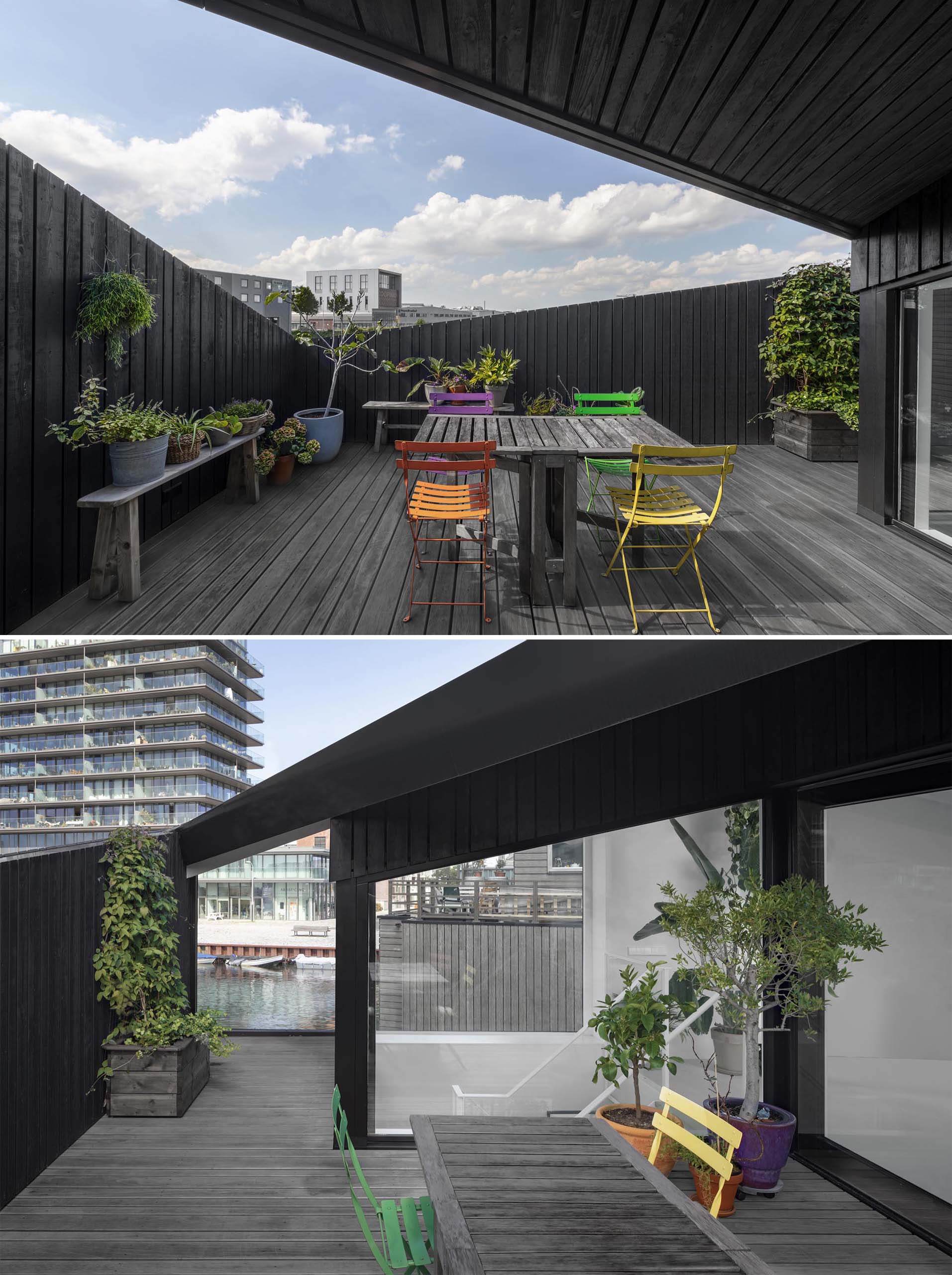 A sense of privacy has been created for the rooftop deck by having angled walls.