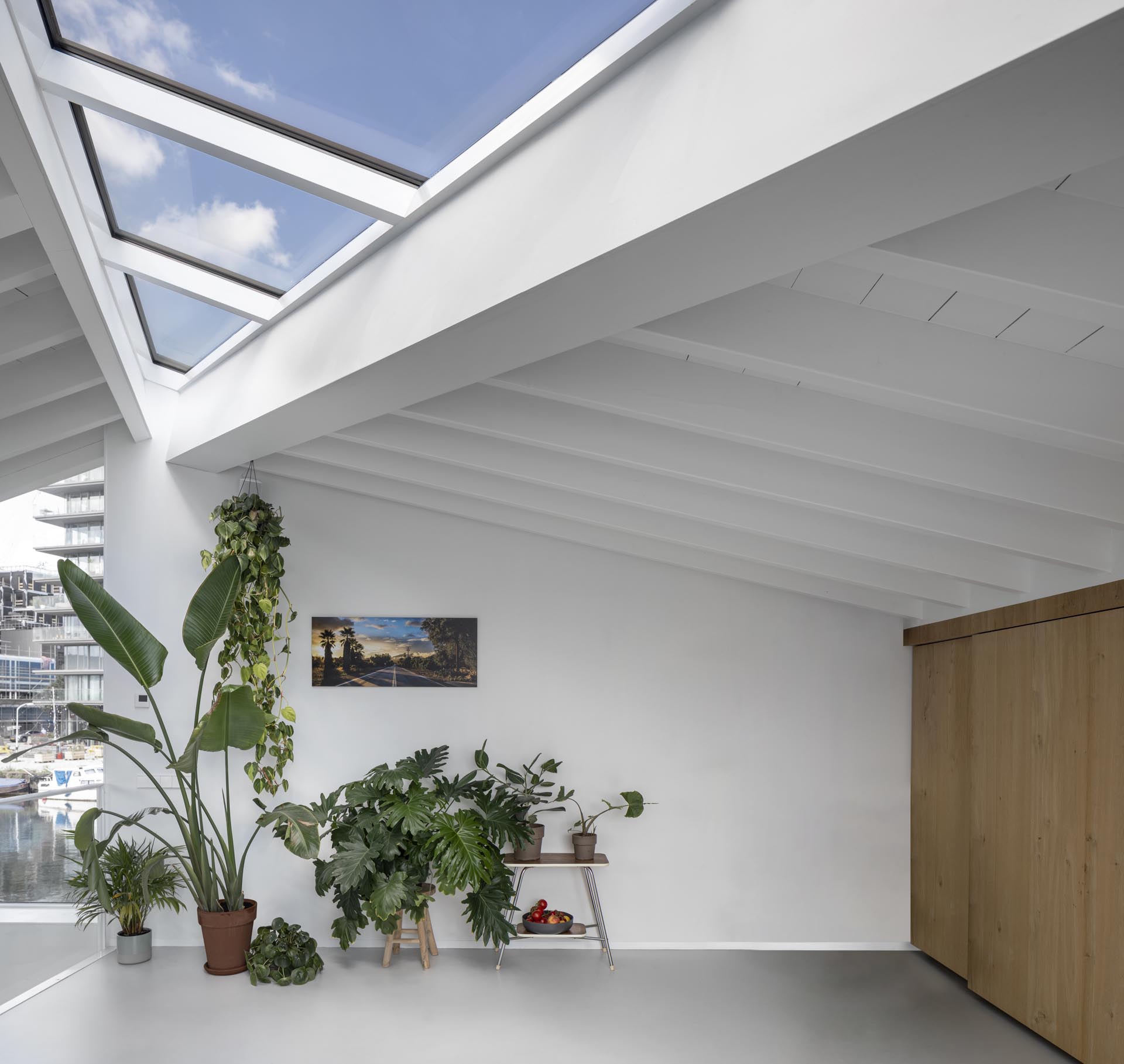 A modern float home with skylights.