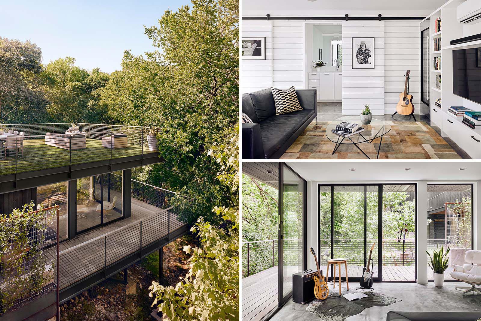 A modern home addition with a green roof and a wrap-around deck.