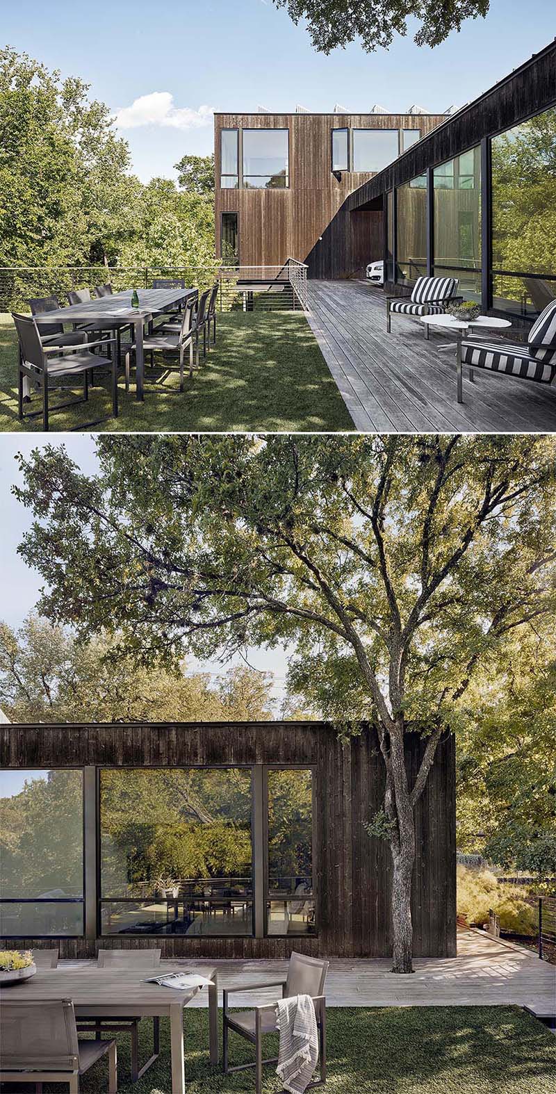 A modern home addition with a green roof and a wrap-around deck.