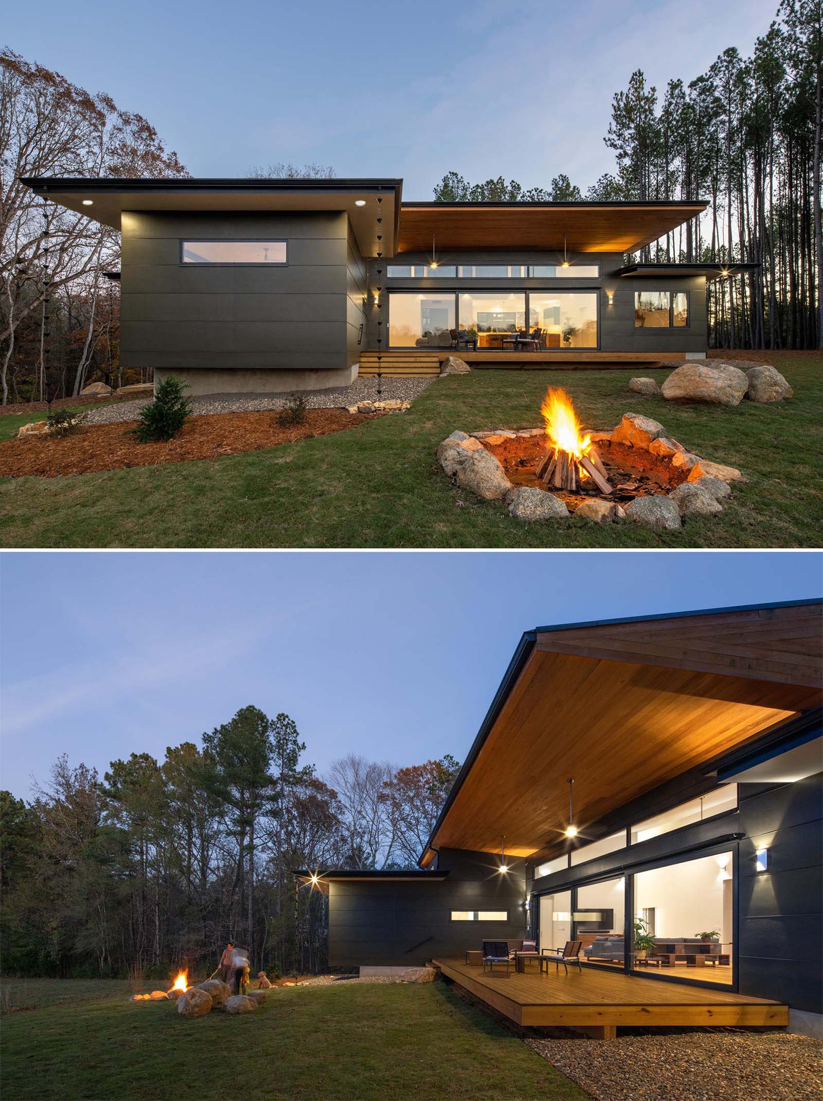 At the rear of this single story modern home, there's a a fire pit for relaxing and enjoying the meadow views, and a covered deck with outdoor fans.