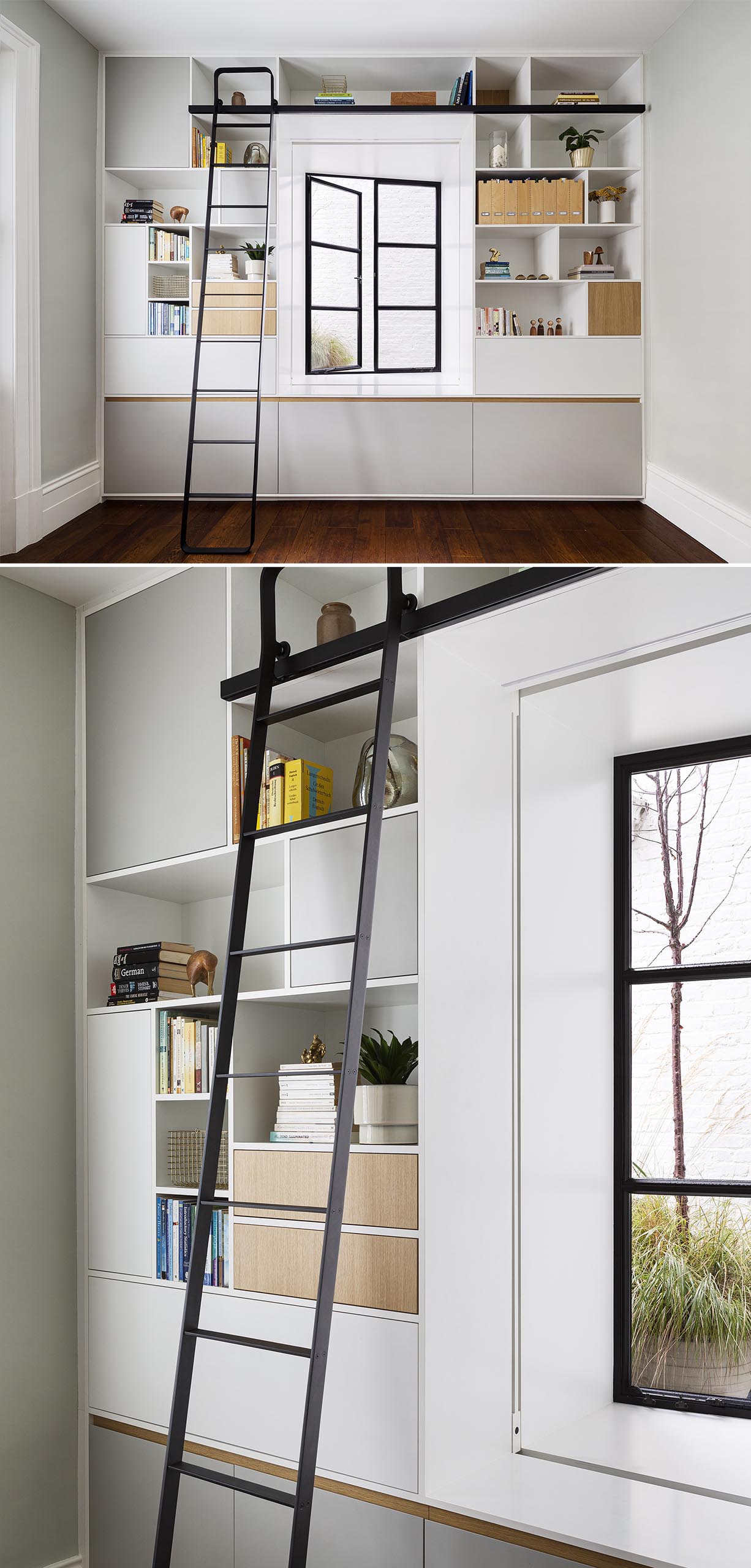A previous guest room was transformed into an office with library, that also has a ladder for reaching the high shelves.