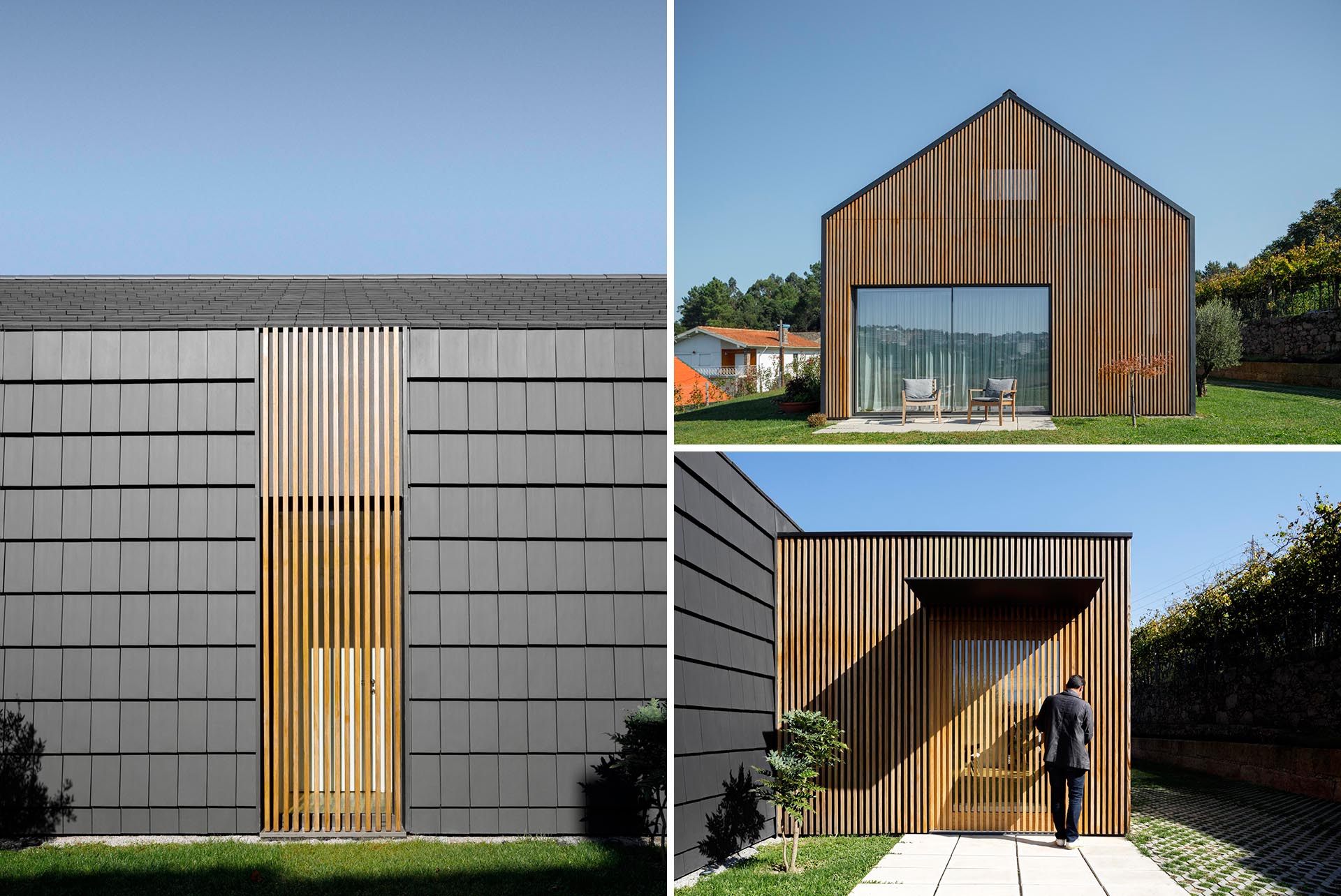 A modern home with a black and wood slat exterior.
