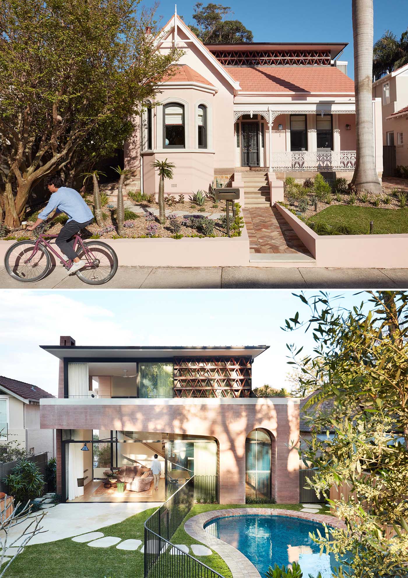 A modern rear home extension made from pink concrete.