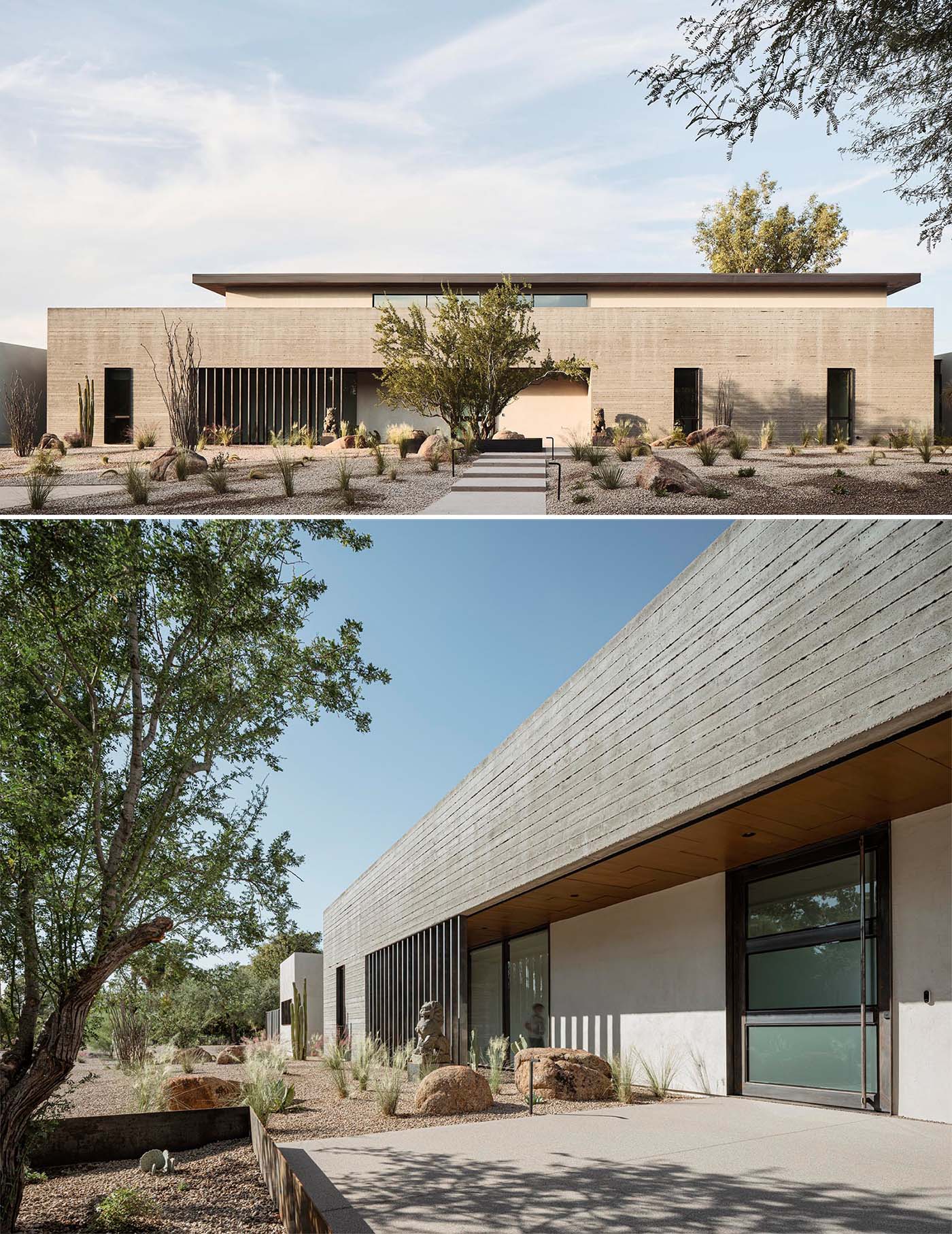 The exterior of this modern desert home is composed of materials well suited for the harsh environment such as board-formed concrete, rusted corrugated metal, hand troweled stucco, steel and glass.