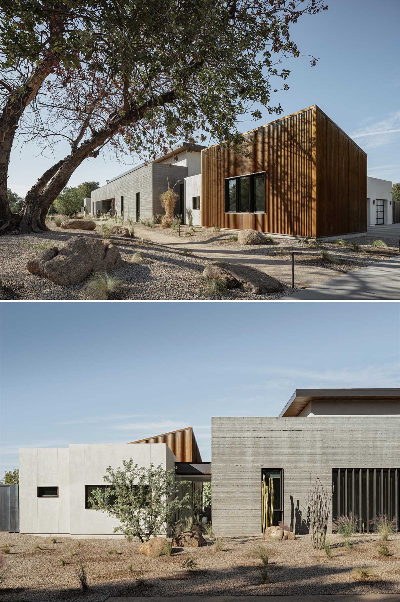 The exterior of this modern desert home is composed of materials well suited for the harsh environment such as board-formed concrete, rusted corrugated metal, hand troweled stucco, steel and glass.