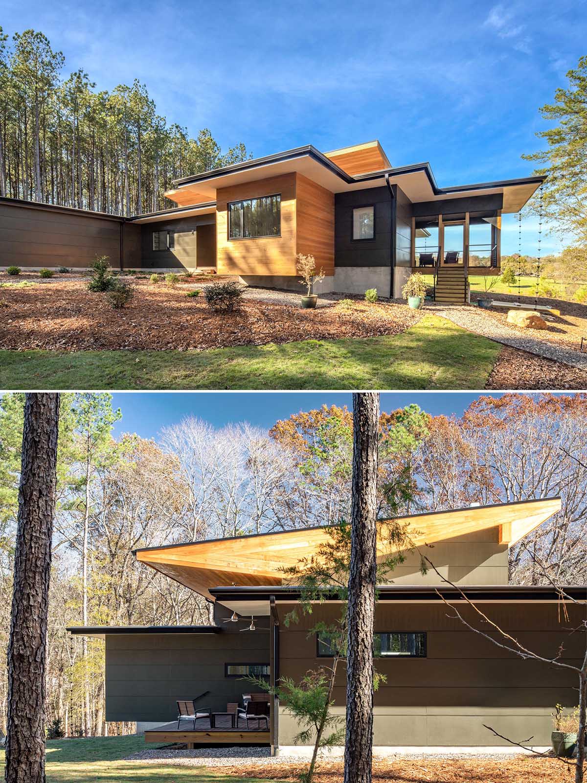 A modern home with wood accents and a roof designed for solar panels.