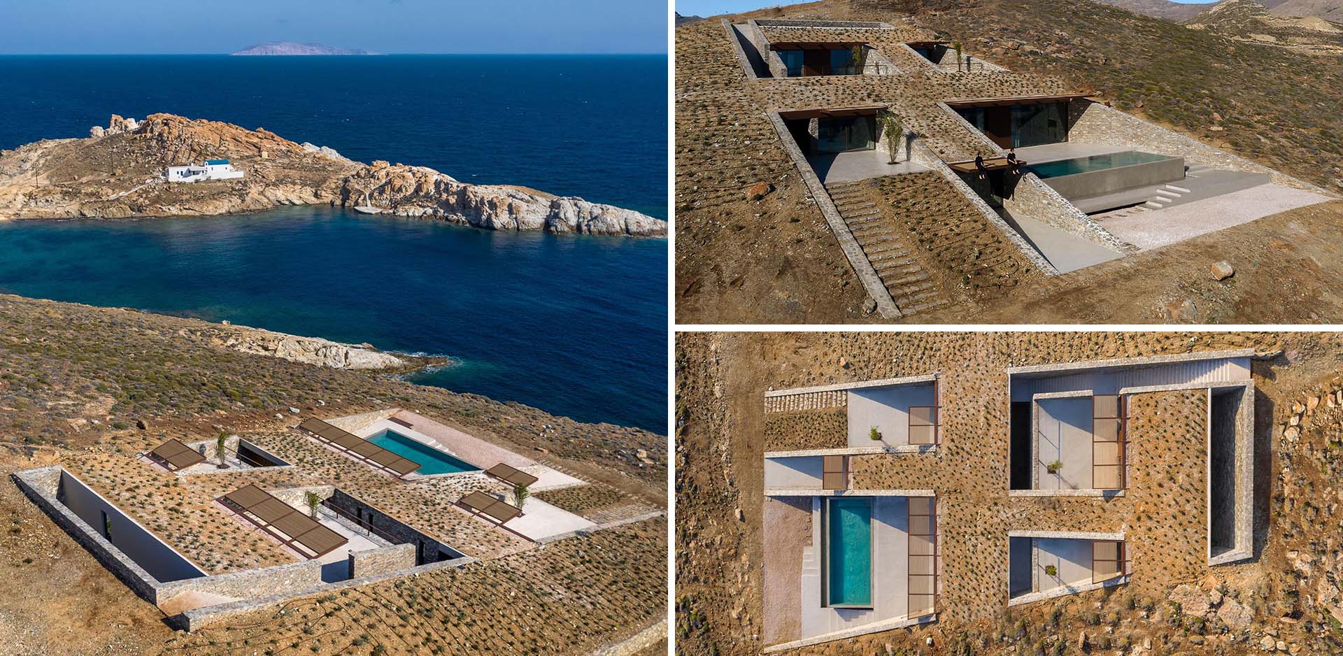 A modern home with stone walls and a swimming pool has been built into a hillside on an island.