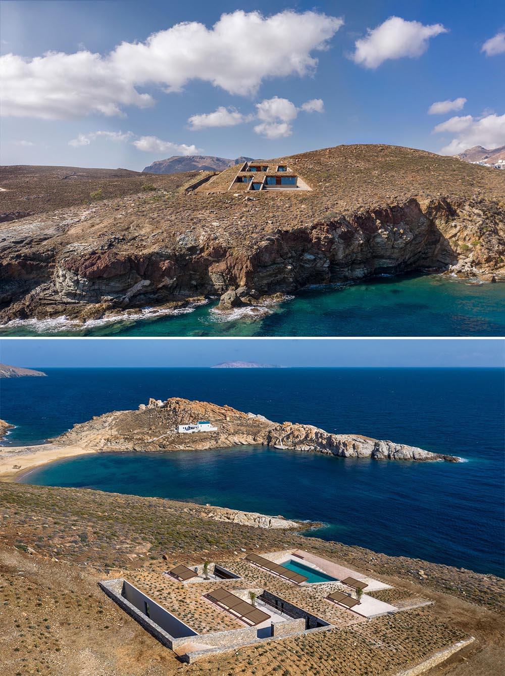 A modern home with stone walls and a swimming pool has been built into a hillside on an island.