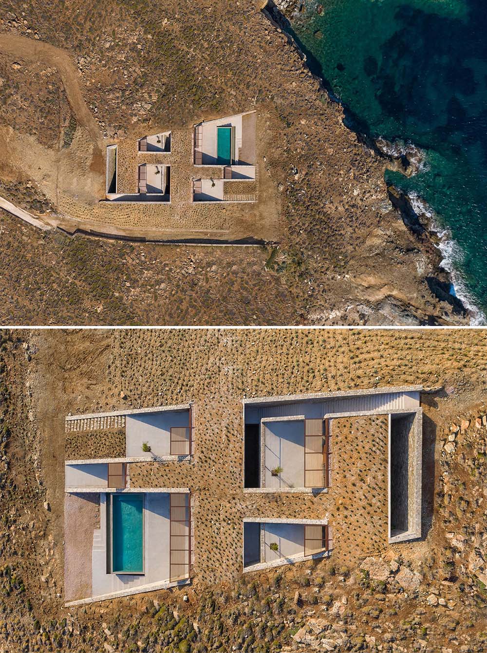 A modern multi-level home with a swimming pool, that's been built into a hillside.