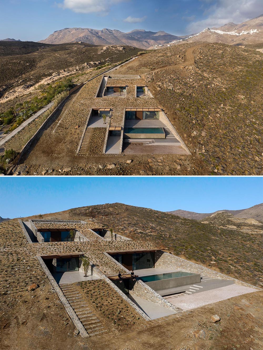 A modern multi-level home that's been built into a hillside.