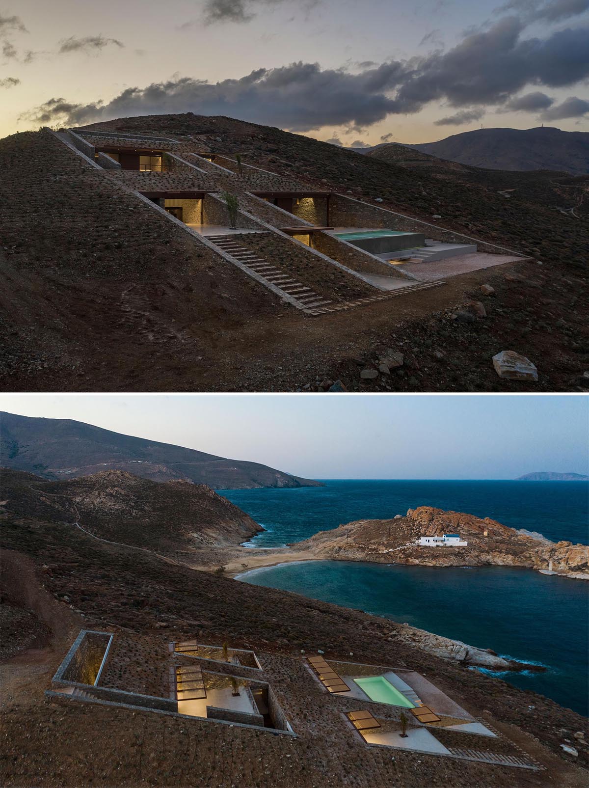 A modern home with a swimming pool, that's been built into the hillside.