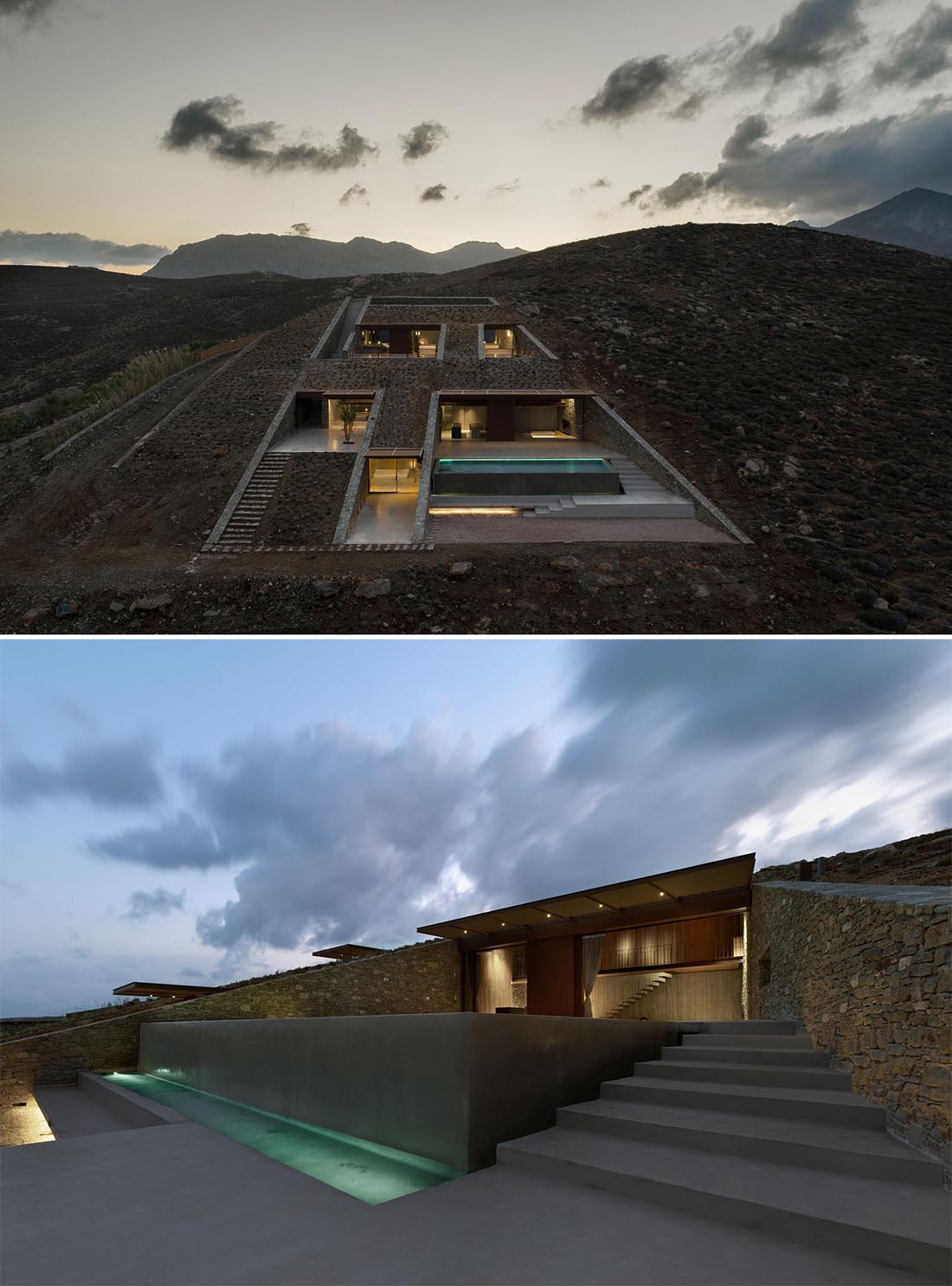 A modern home that's been built into the hillside.