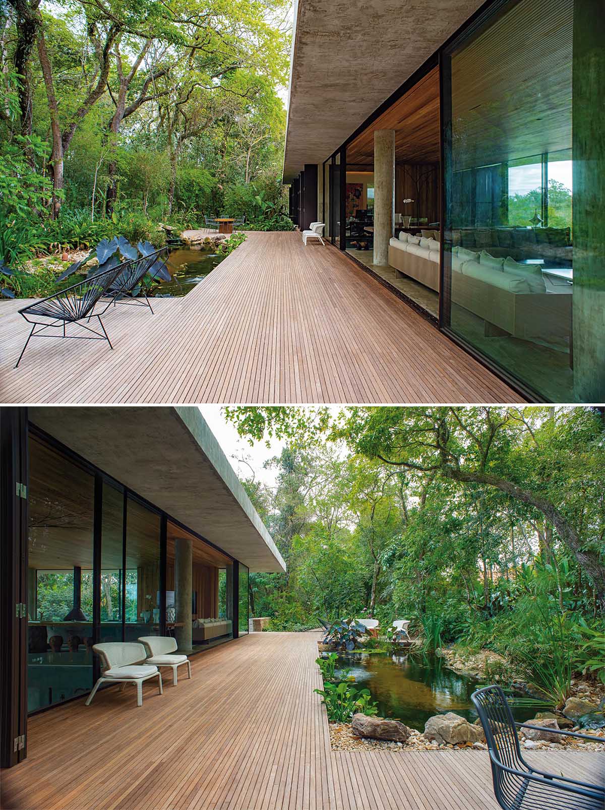 A modern concrete home with a wood deck that wraps around a natural water feature and tree views.