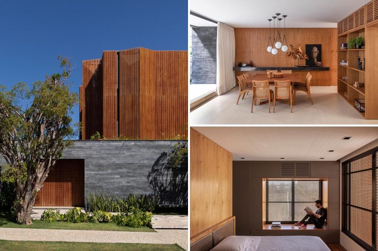 Large Wood Screens Cover The Upper Level Of This Home