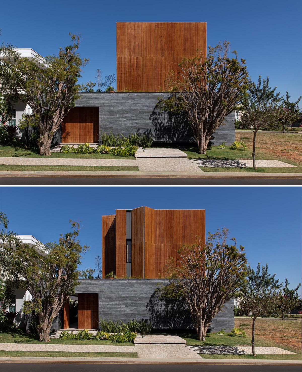 The upper level of this modern home is covered with wooden louvers, creating privacy and thermal comfort.