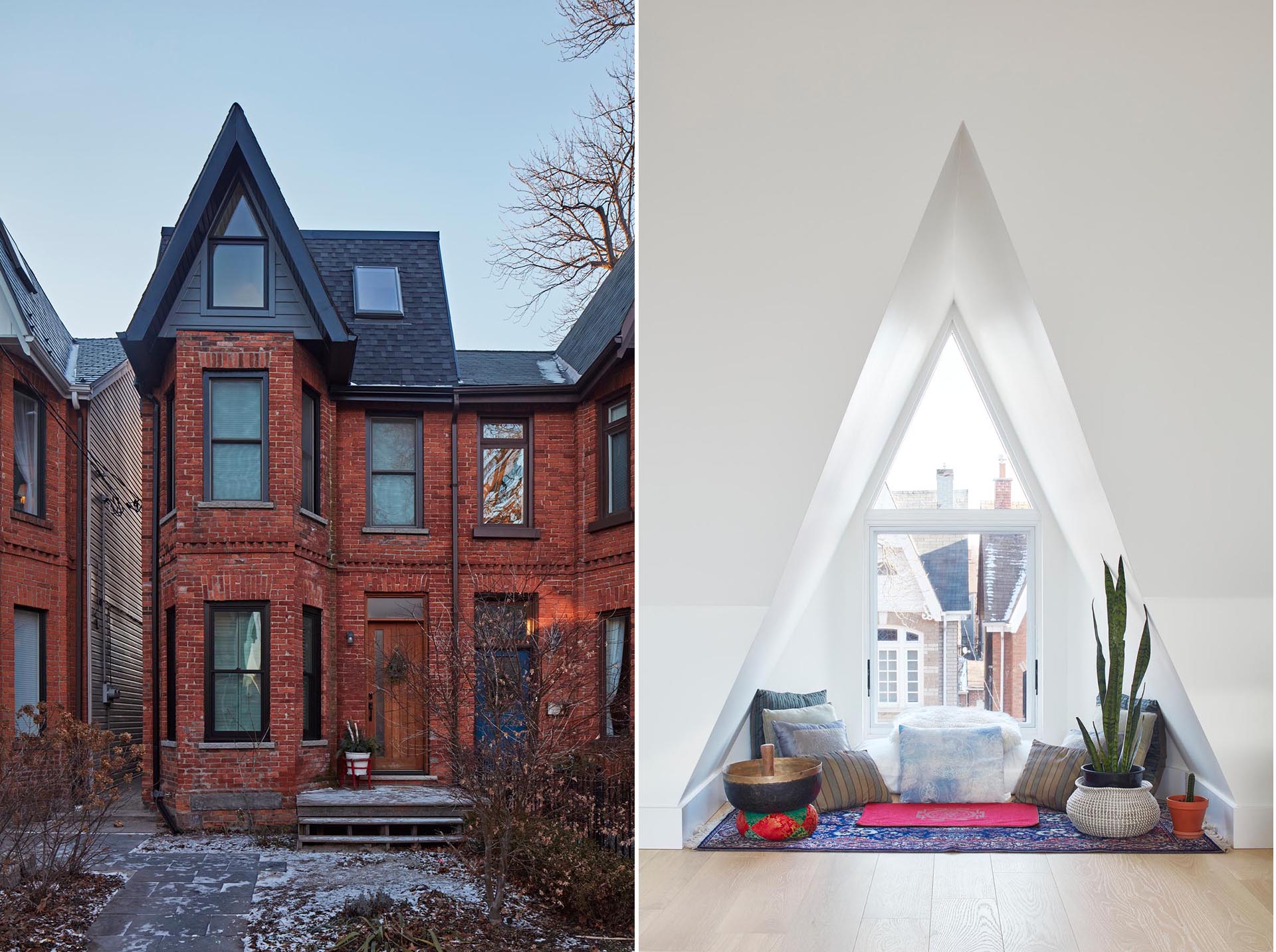 A modern extension has been added to a Victorian home, and includes a triangular window furnished as a meditation space.