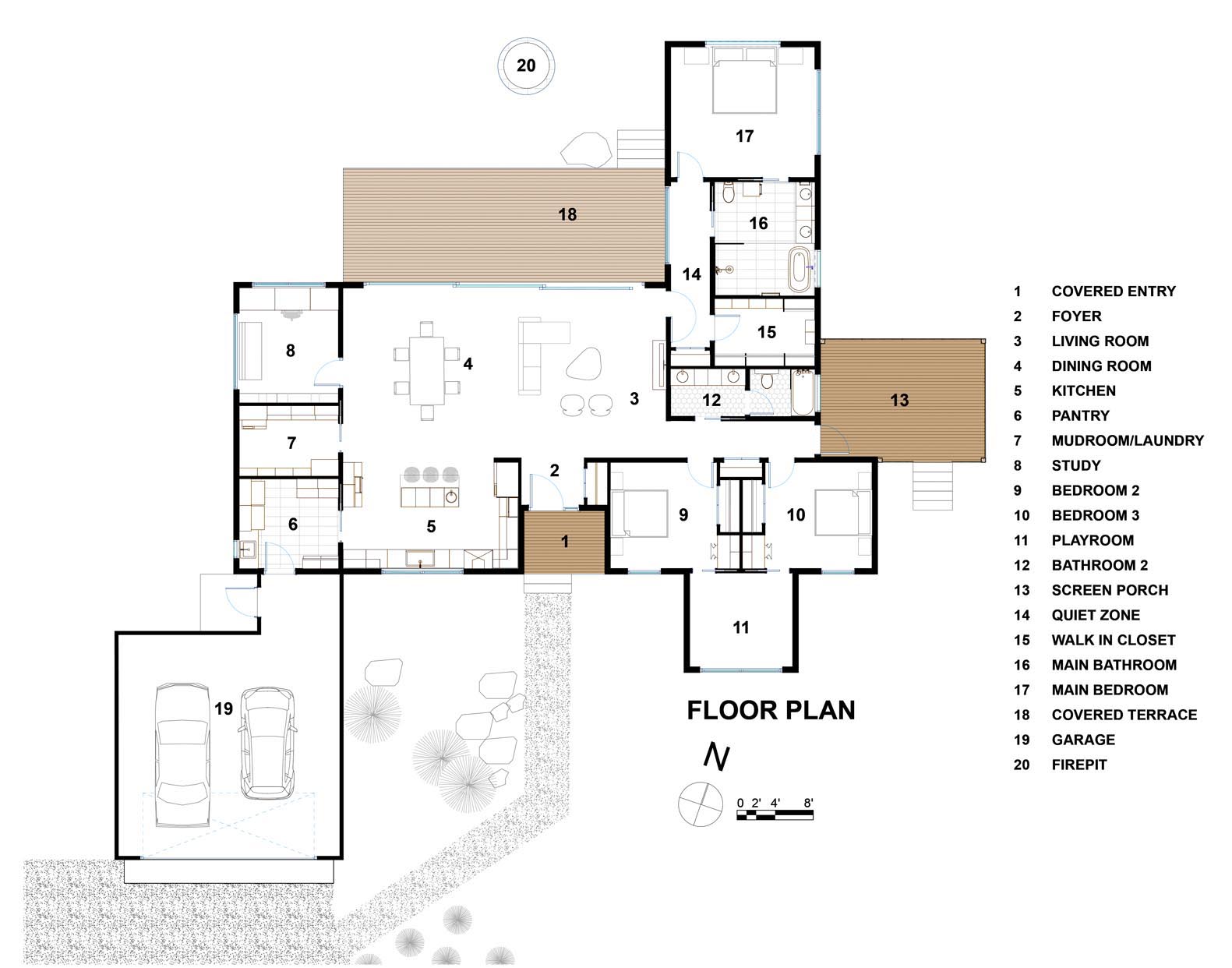 The floor plan of a modern home with a covered deck, and an open plan interior.