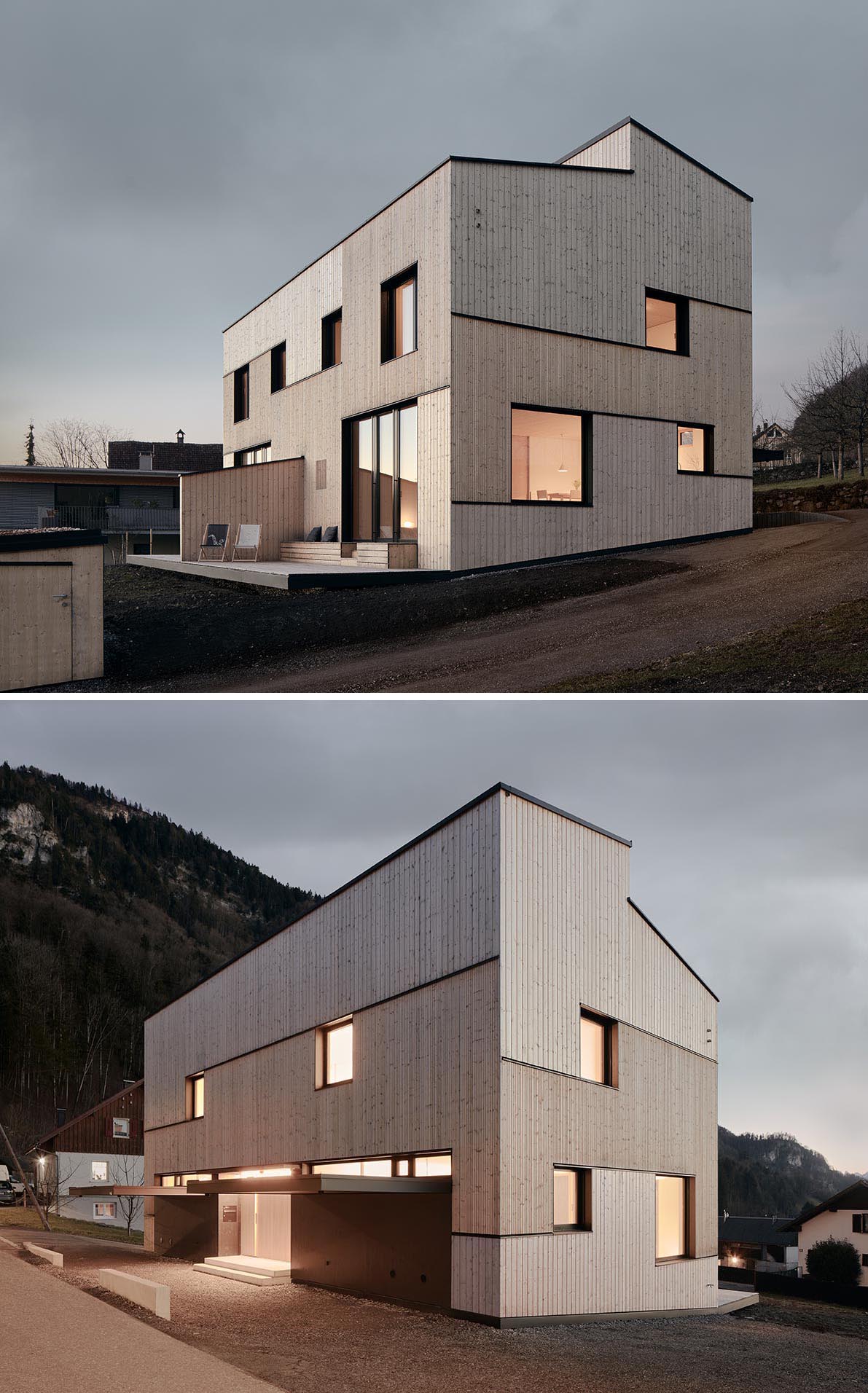 A modern duplex with different sizes of natural wood siding and black accents.