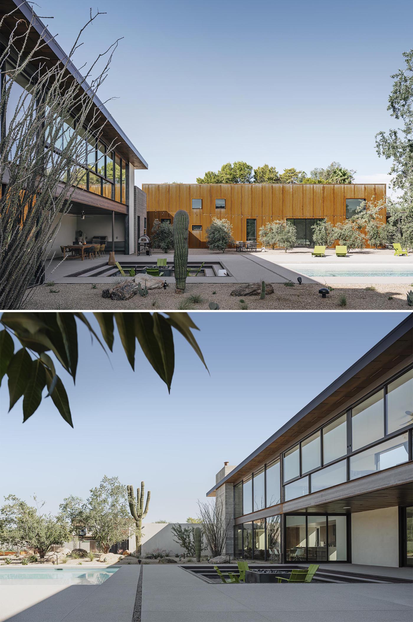 A modern desert home with a sunken fire pit that lines up with the nearby pool.