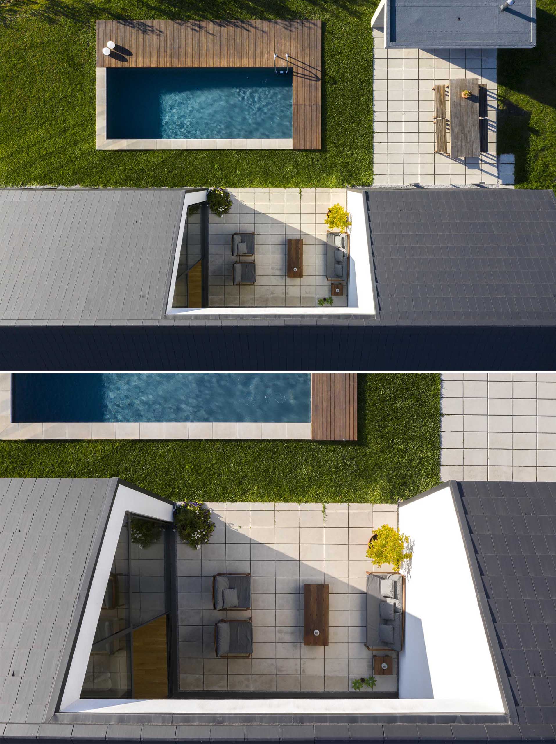A modern house open to a small patio, the yard, and a swimming pool.