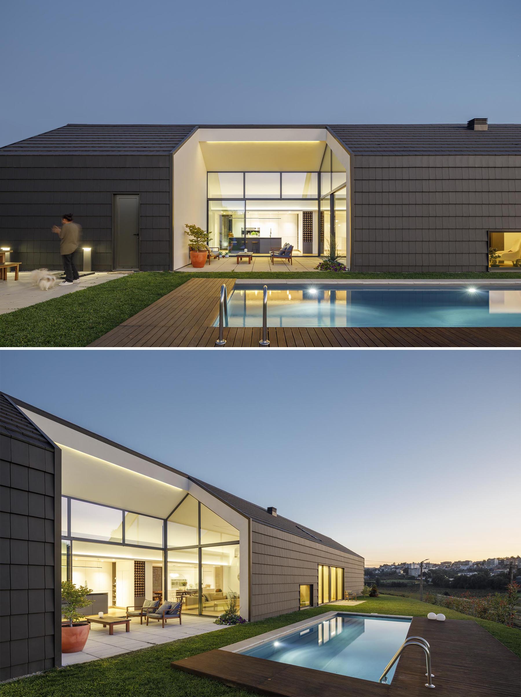 A modern house open to a small patio, the yard, and a swimming pool.