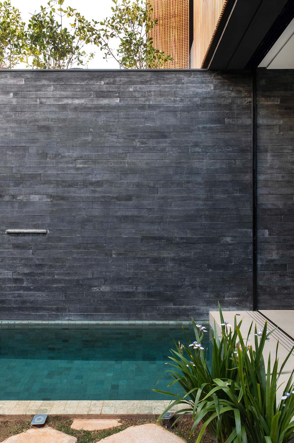 A modern pool with a dark gray accent wall.