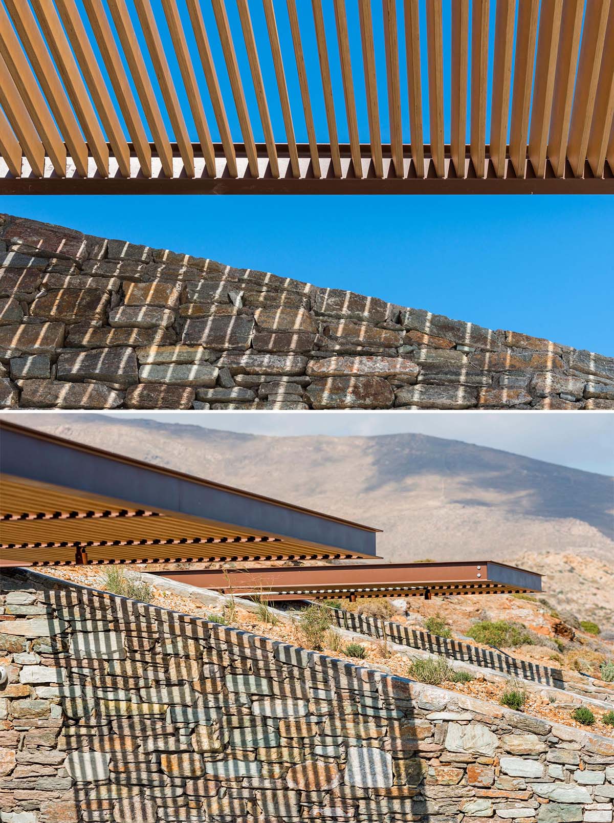 Screens made from wood slats with metal supports provide varying levels shade for both outdoor and indoor spaces.