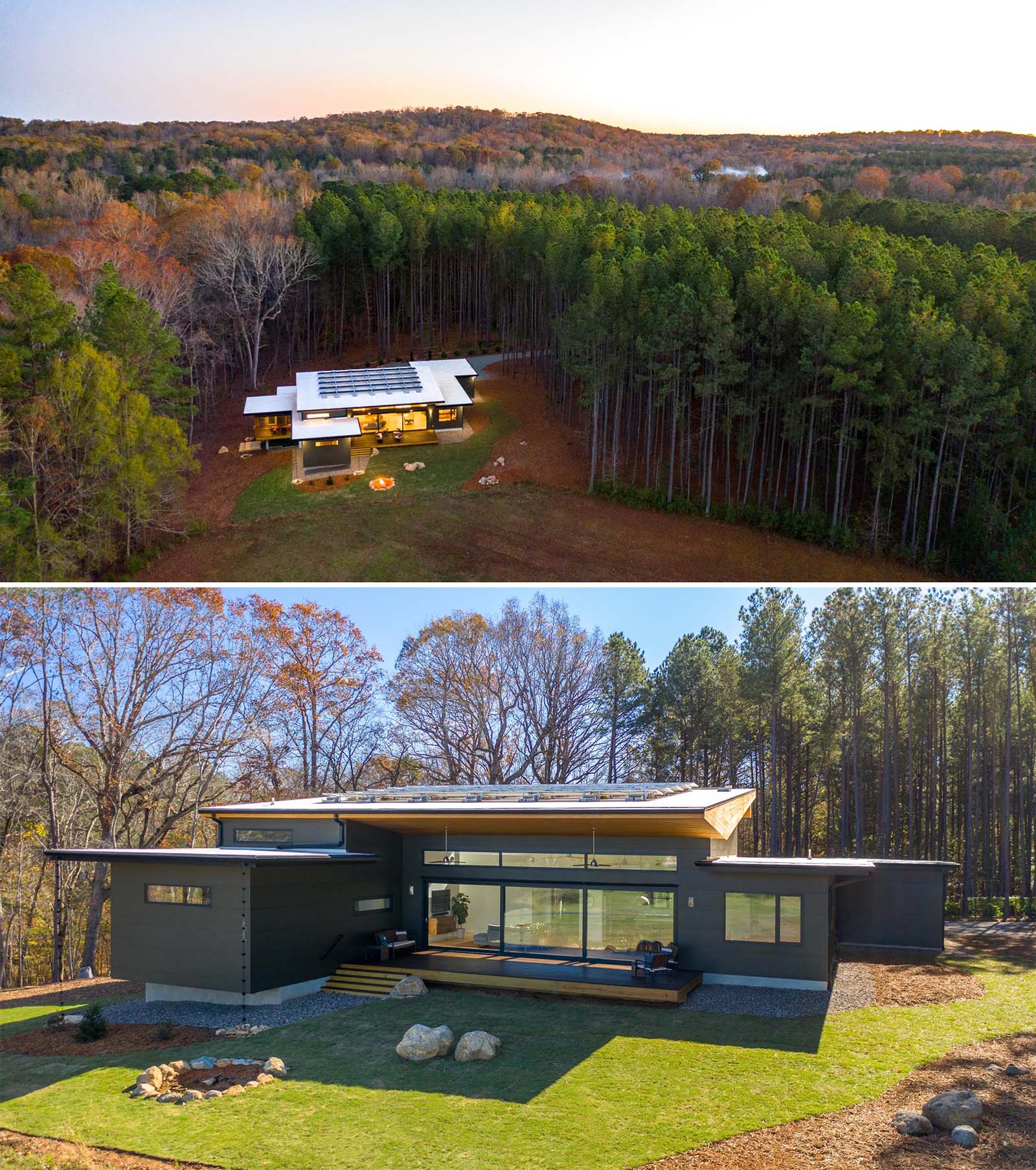 This modern home features a unique roof shape that allows for the inclusion of solar panels.