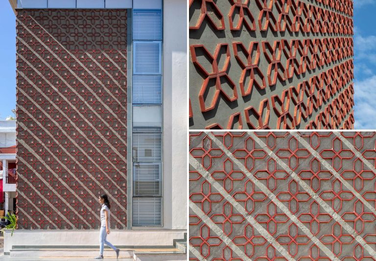 A Patterned Accent Wall Made From Cut Clay Roof Tiles Is Featured On The Exterior Of This New Home