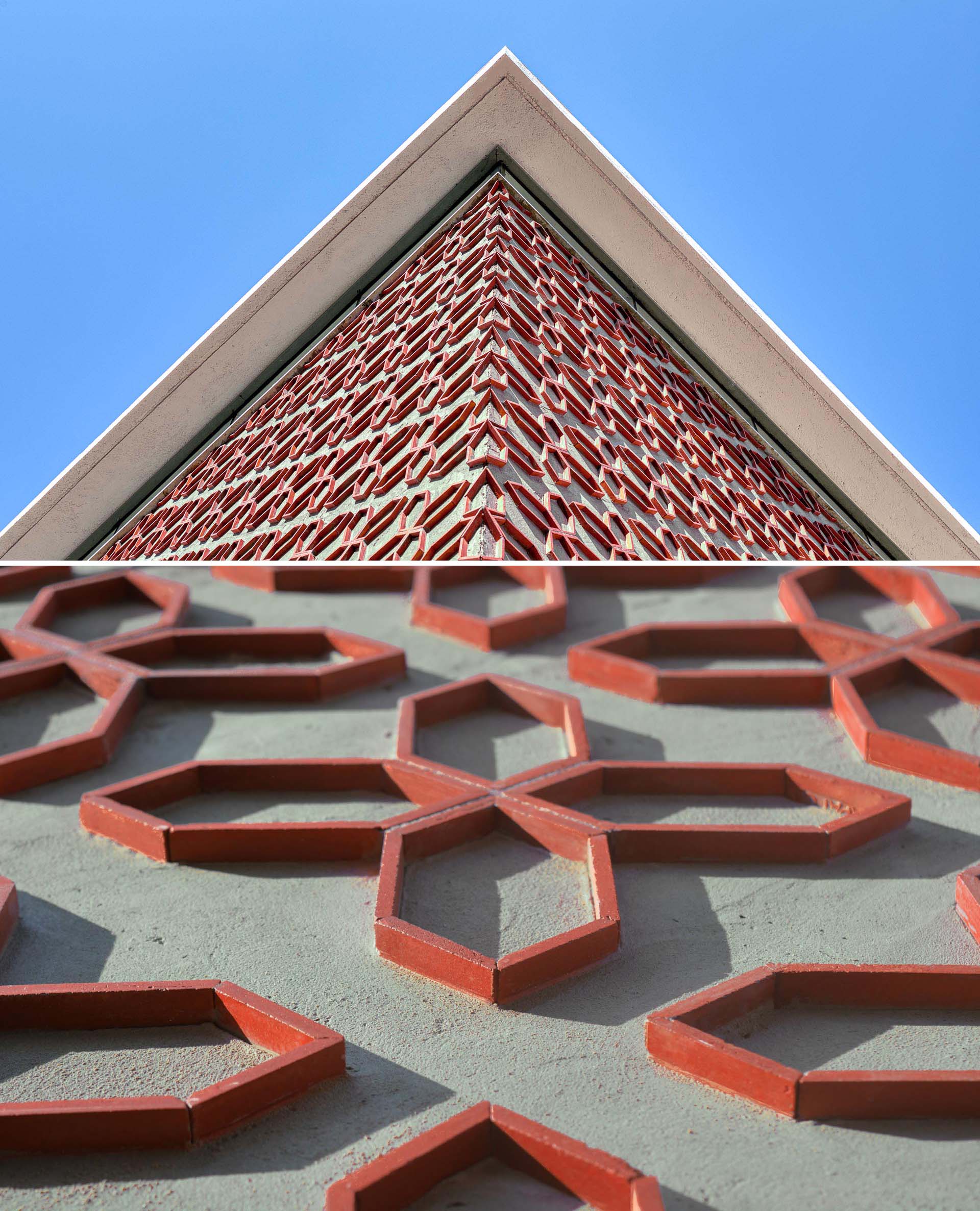 A modern house design with a unique patterned accent wall on its facade.