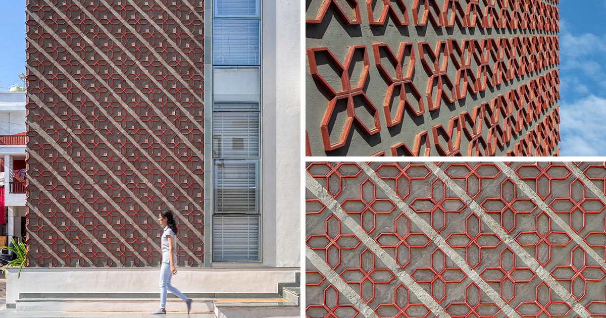 A Patterned Accent Wall Made From Cut Clay Roof Tiles Is Featured On The Exterior Of This New Home