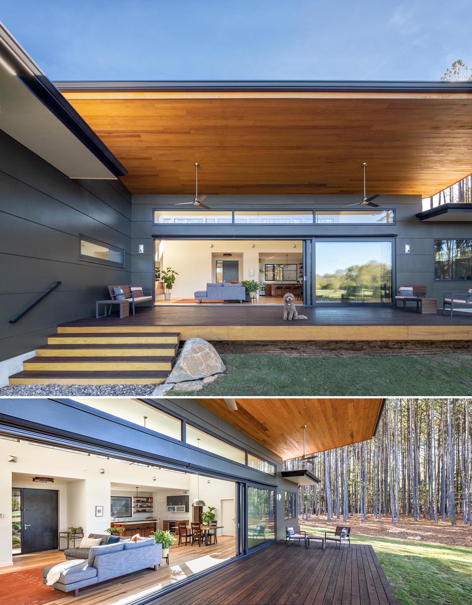 Operable glass doors (built to passive house standards for energy efficiency) were included in this modern home design to connect the interior spaces to the outdoors.