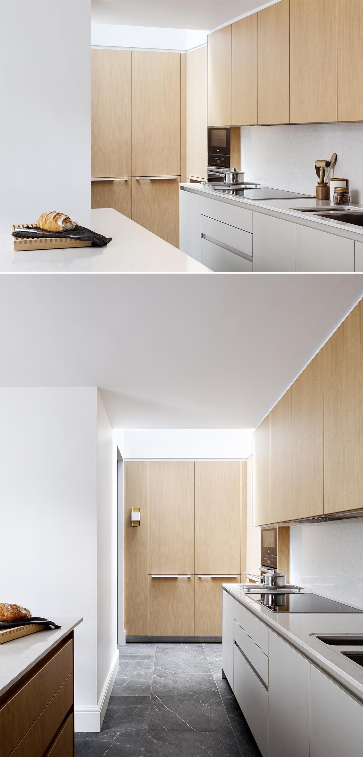 This kitchen was completely redesigned with light wood cabinets and a large skylight, bringing more natural light into the space. 